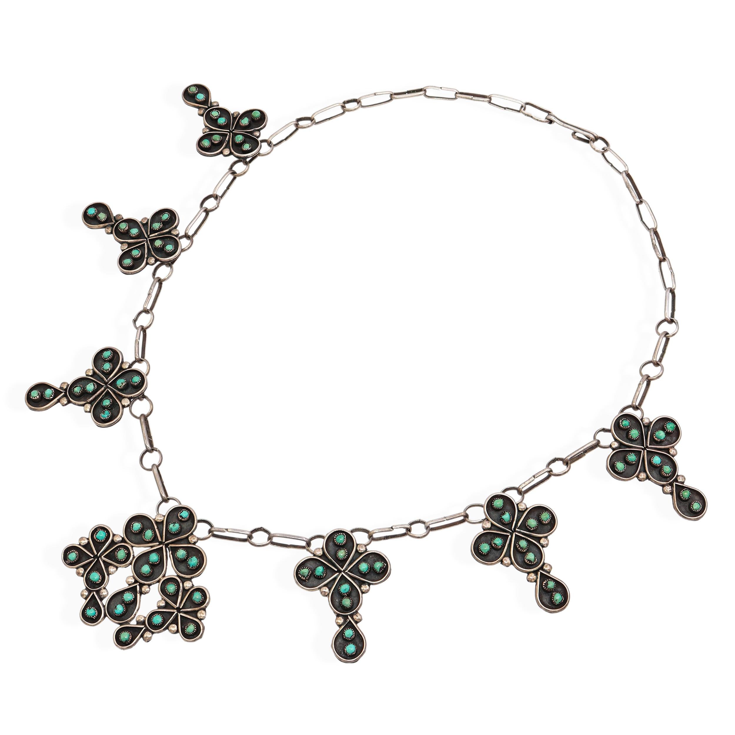 Vintage Sterling Silver Turquoise Floral Cluster Motif Station Necklace