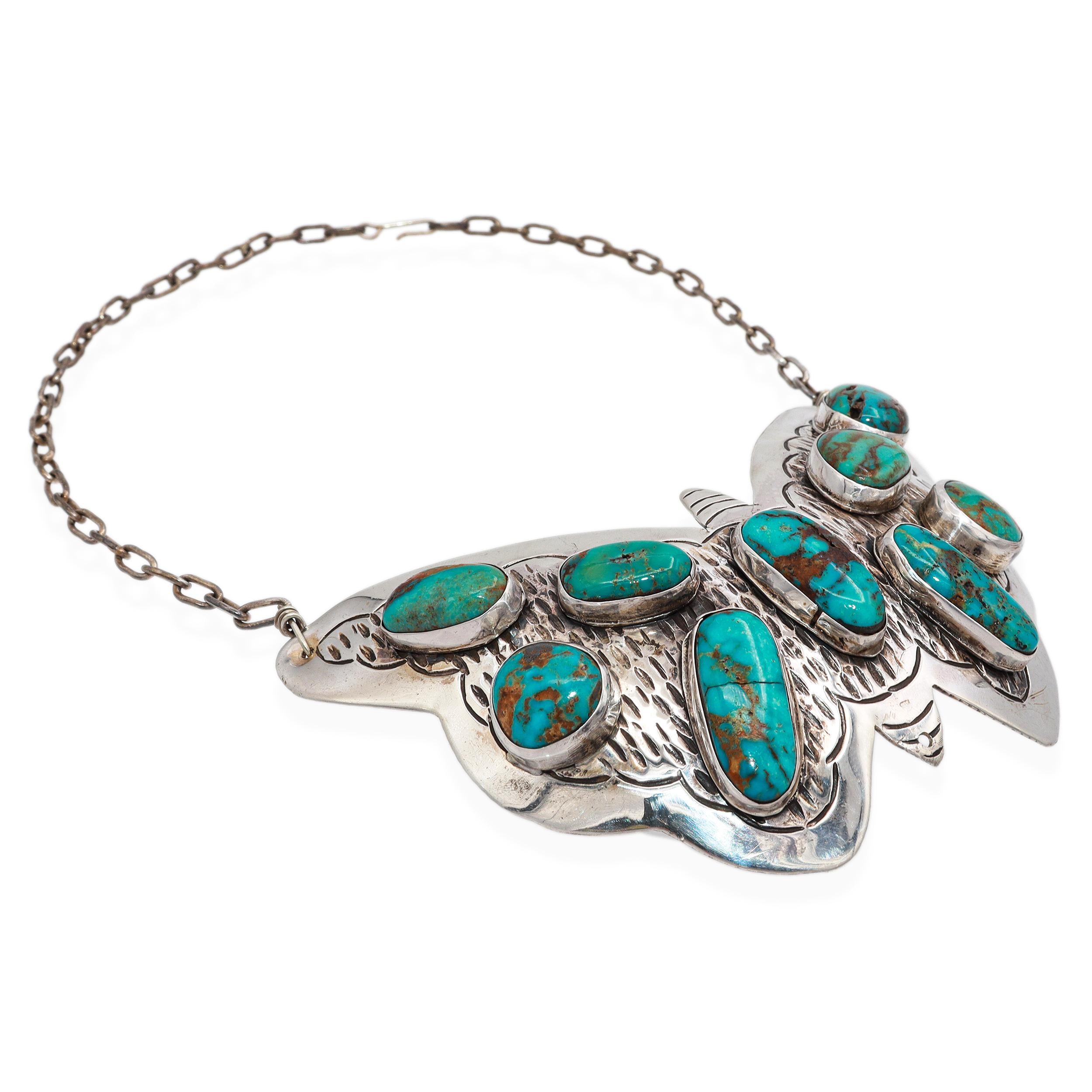 Vintage Southwest David F. Garcia Sterling Silver Turquoise Butterfly Necklace