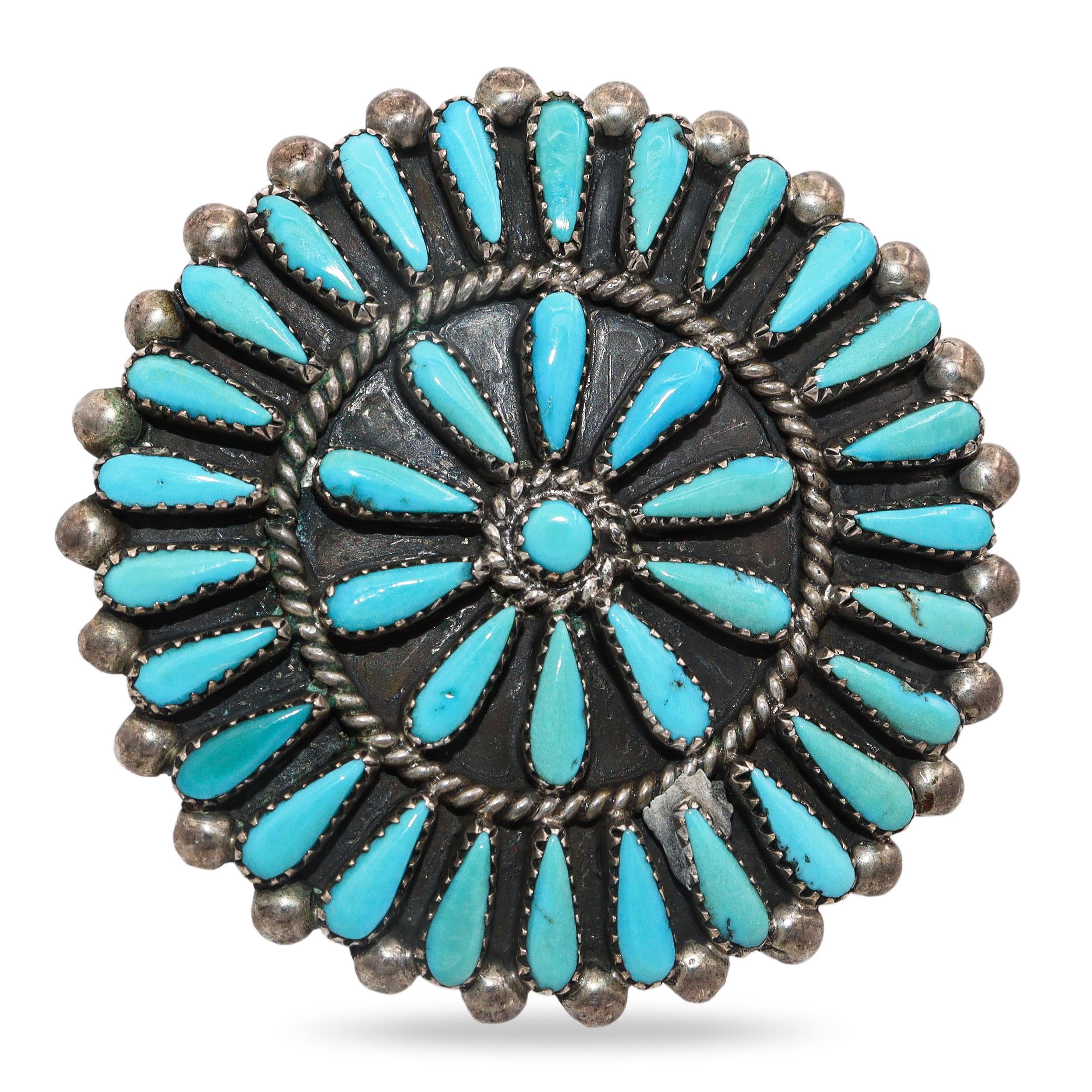 Vintage Zuni J. Wallace Sterling Silver Turquoise Cluster Brooch Pendant