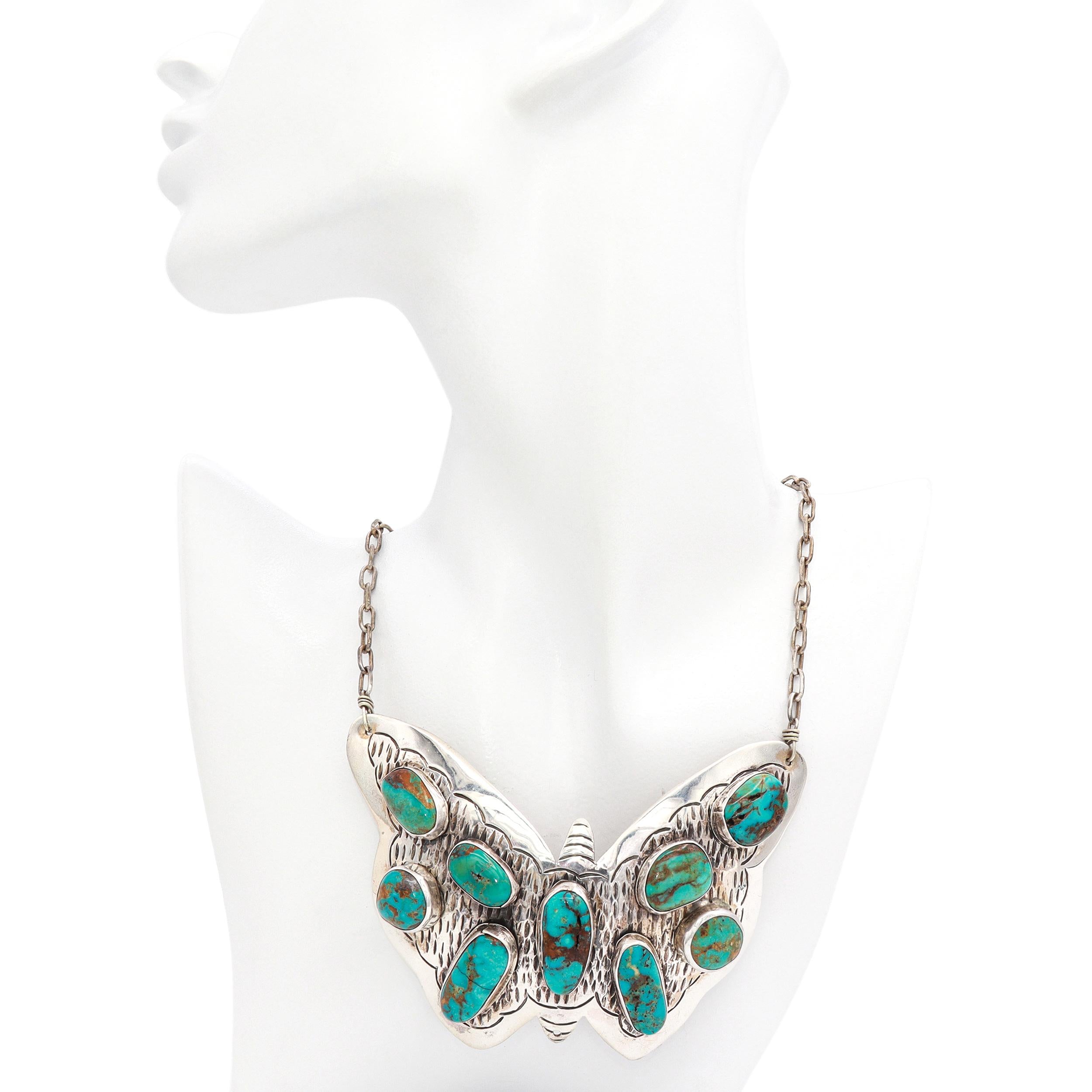 Vintage Southwest David F. Garcia Sterling Silver Turquoise Butterfly Necklace
