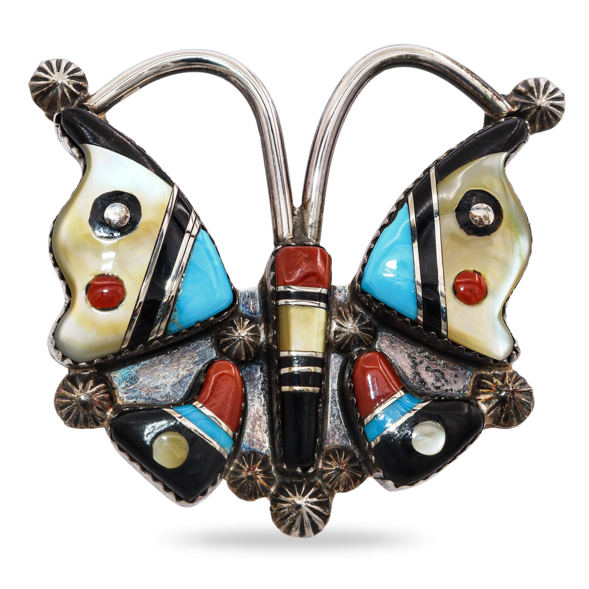 Vintage Zuni Elvira Kiyite Sterling Silver Multi-Stone Inlay Butterfly Brooch