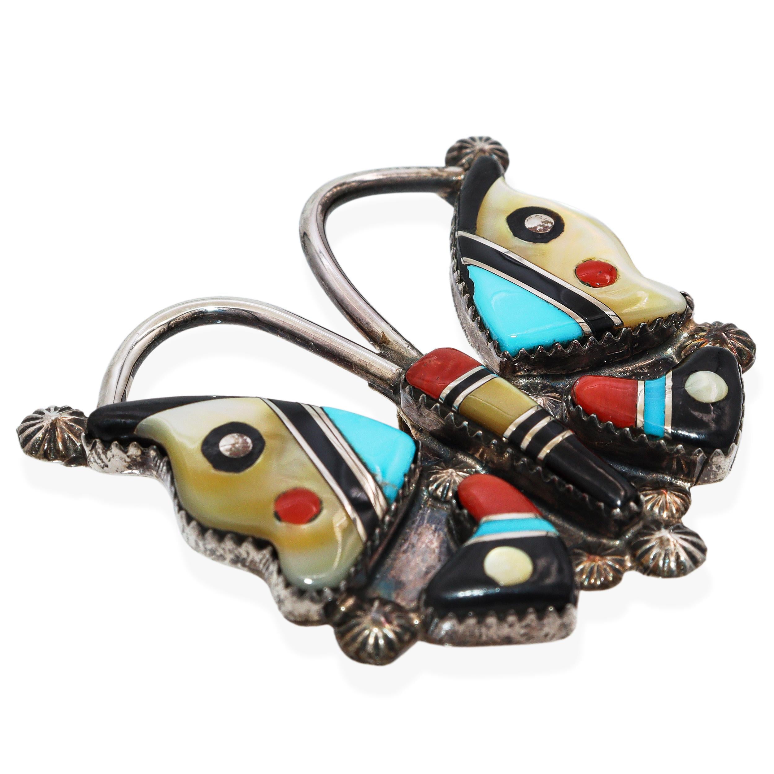 Vintage Zuni Elvira Kiyite Sterling Silver Multi-Stone Inlay Butterfly Brooch