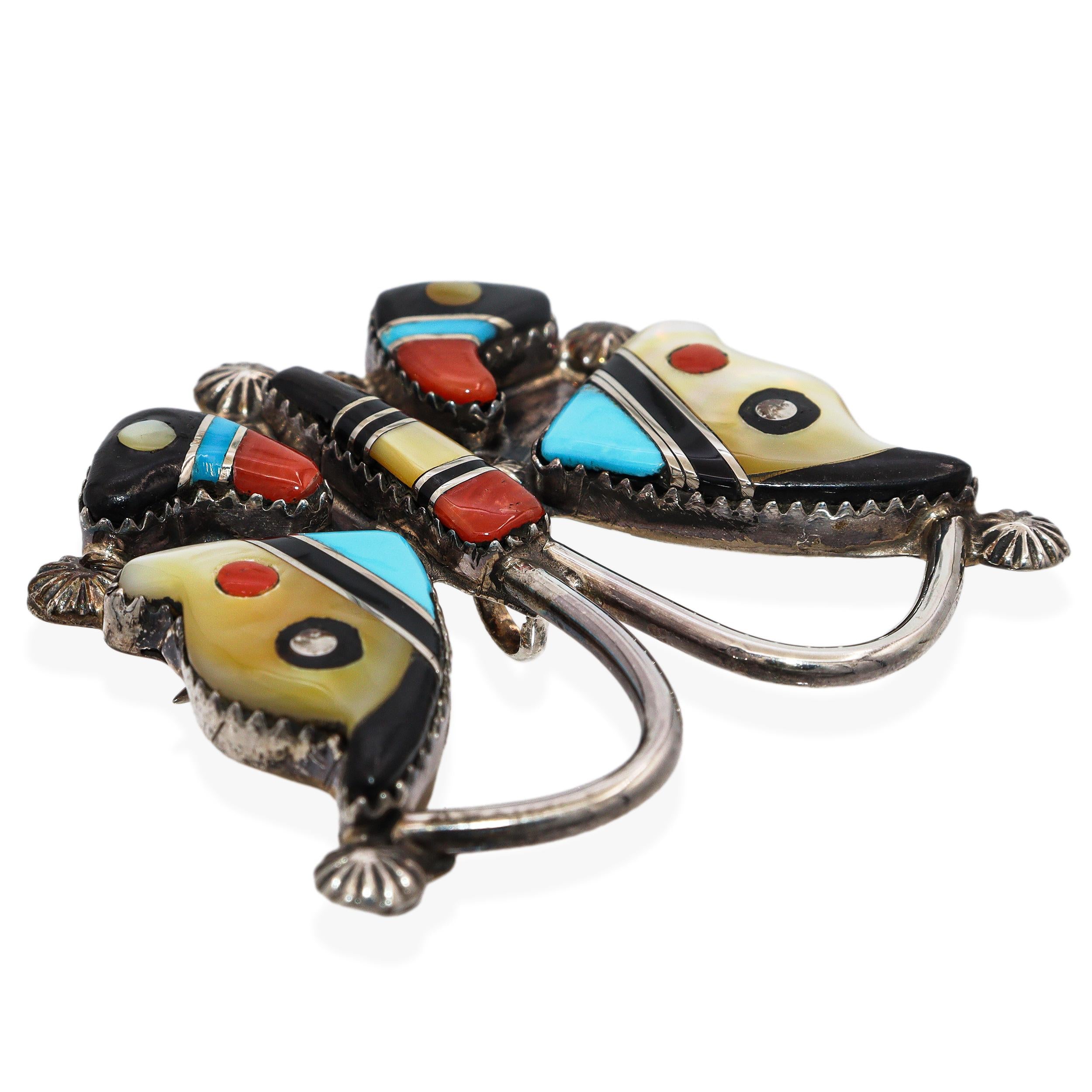 Vintage Zuni Elvira Kiyite Sterling Silver Multi-Stone Inlay Butterfly Brooch