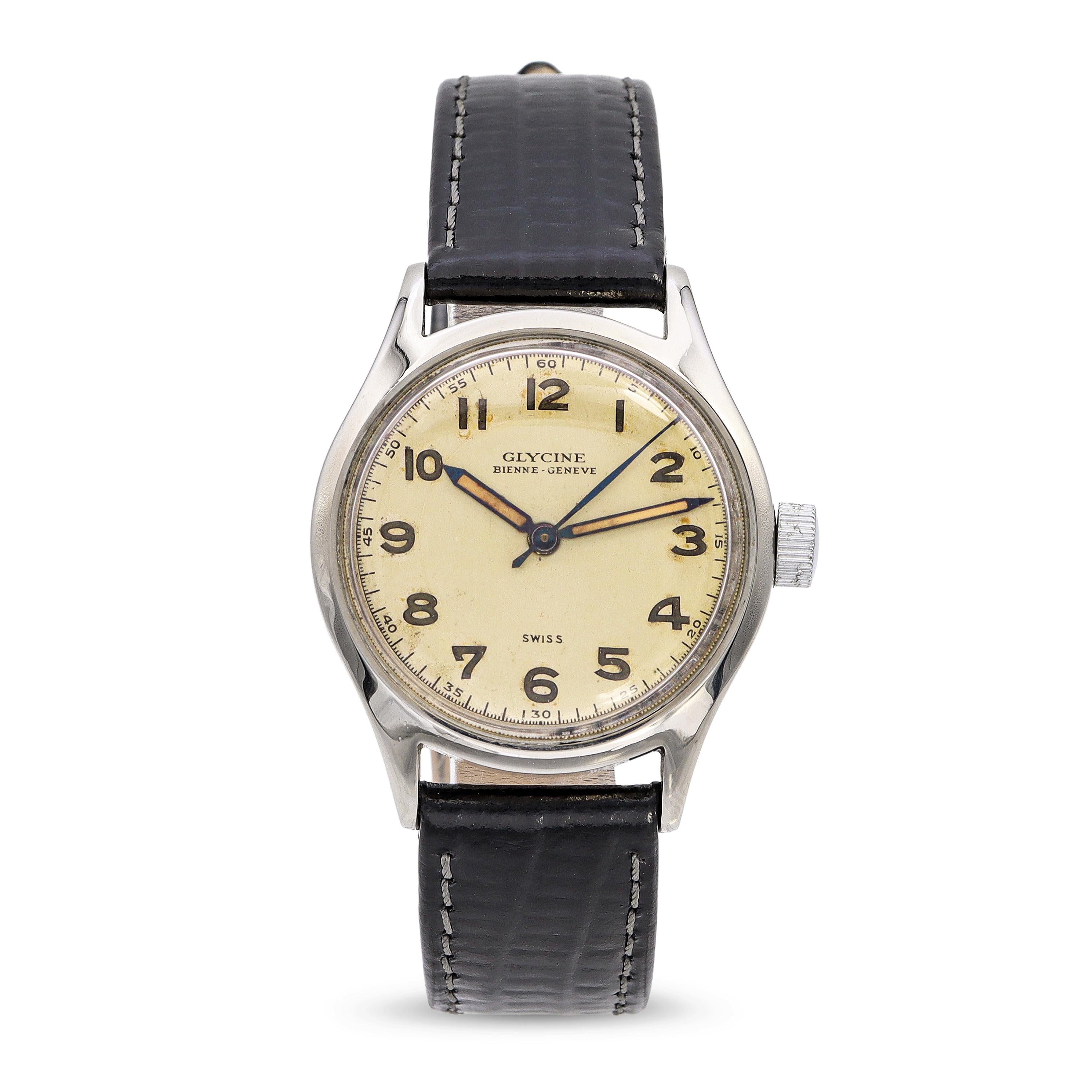 Vintage Glycine Bienne Genève Stainless Steel Hand-Wind Men's Watch
