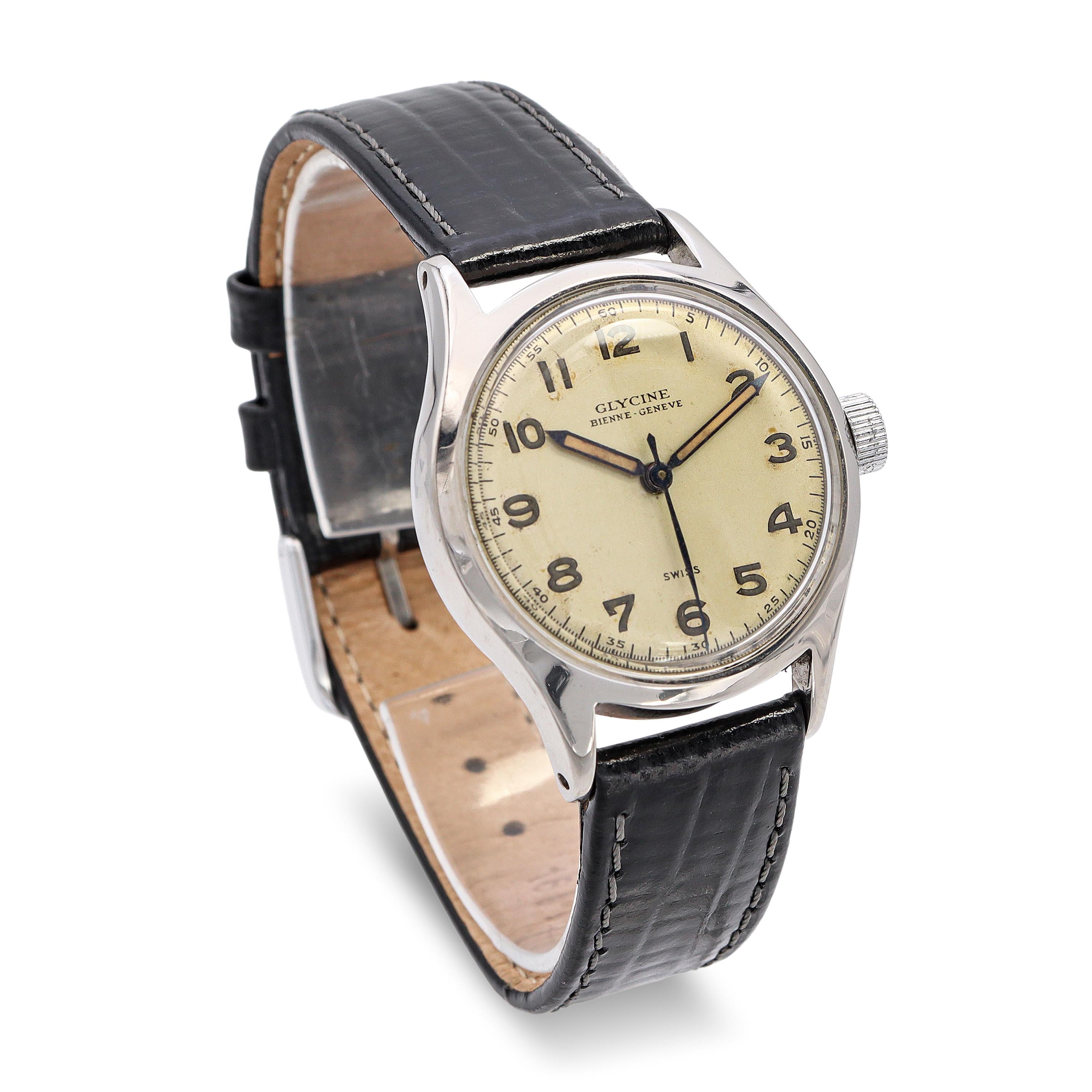Vintage Glycine Bienne Genève Stainless Steel Hand-Wind Men's Watch