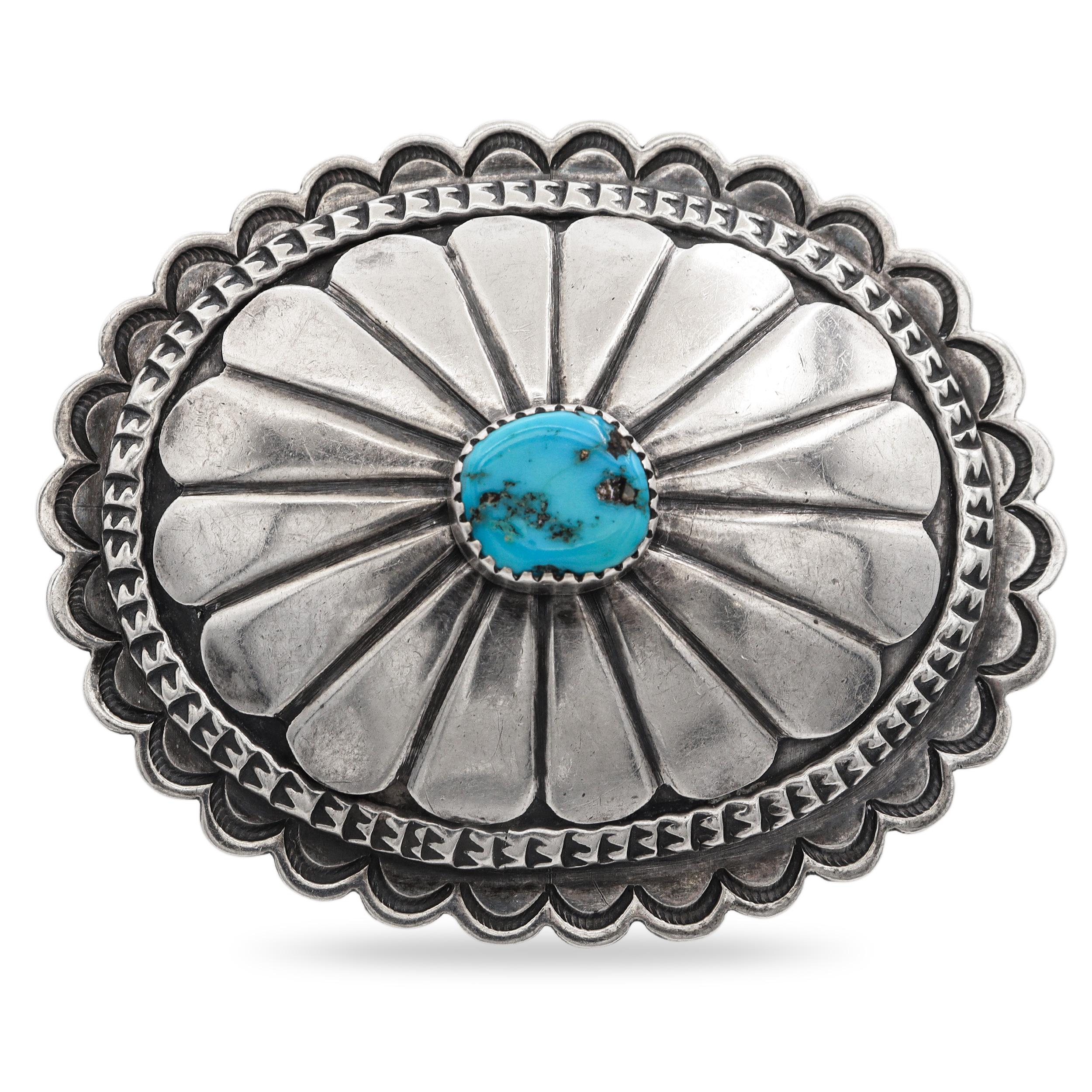 Vintage Navajo Native American Sterling Silver Turquoise Concho Brooch Pin
