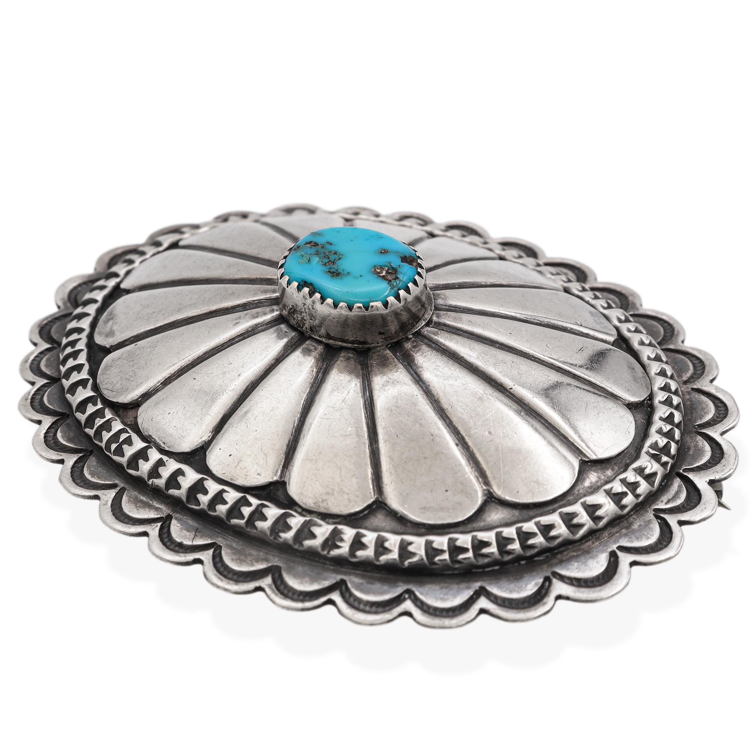 Vintage Navajo Native American Sterling Silver Turquoise Concho Brooch Pin