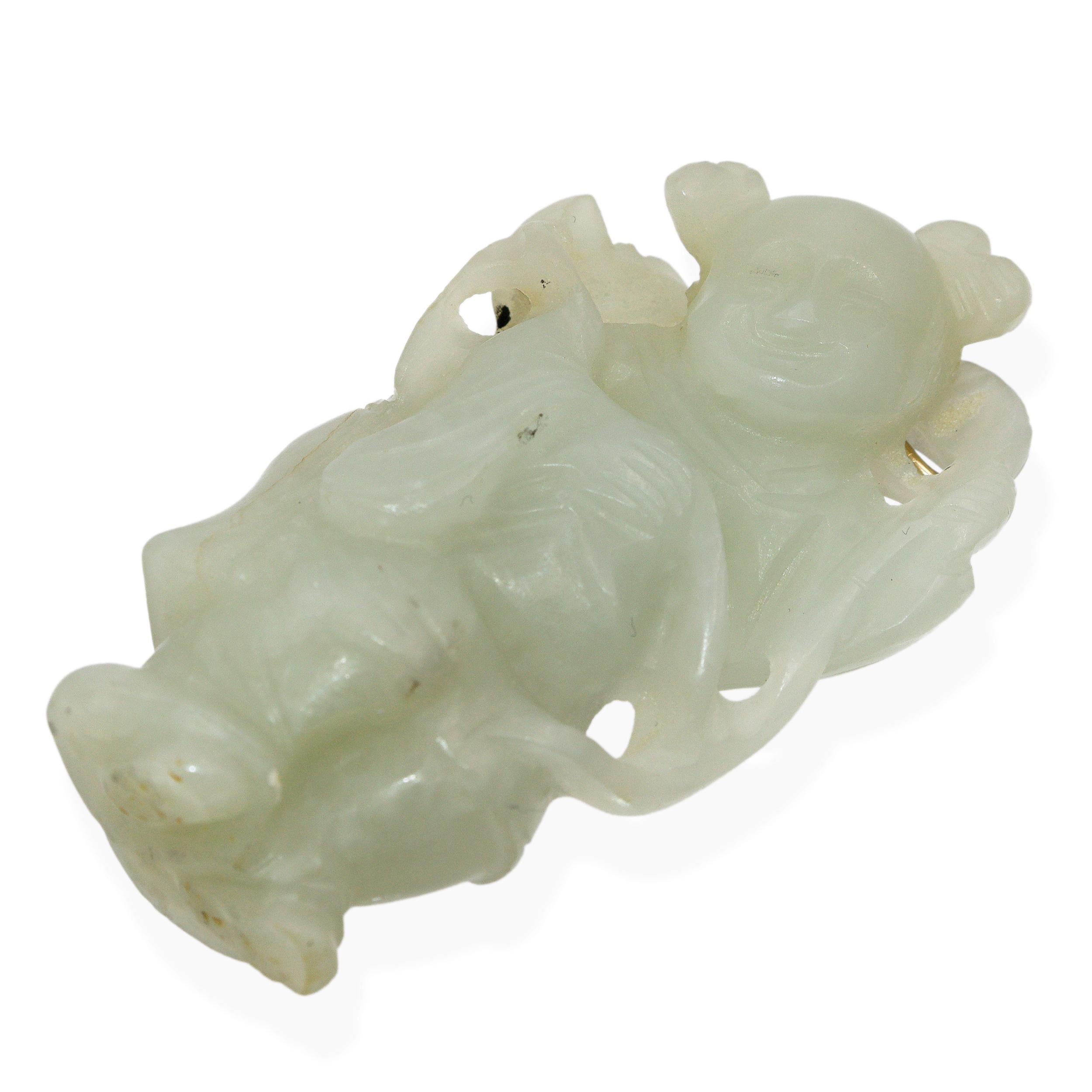 Vintage 14K Yellow Gold Hand Carved Jade Boy Pendant