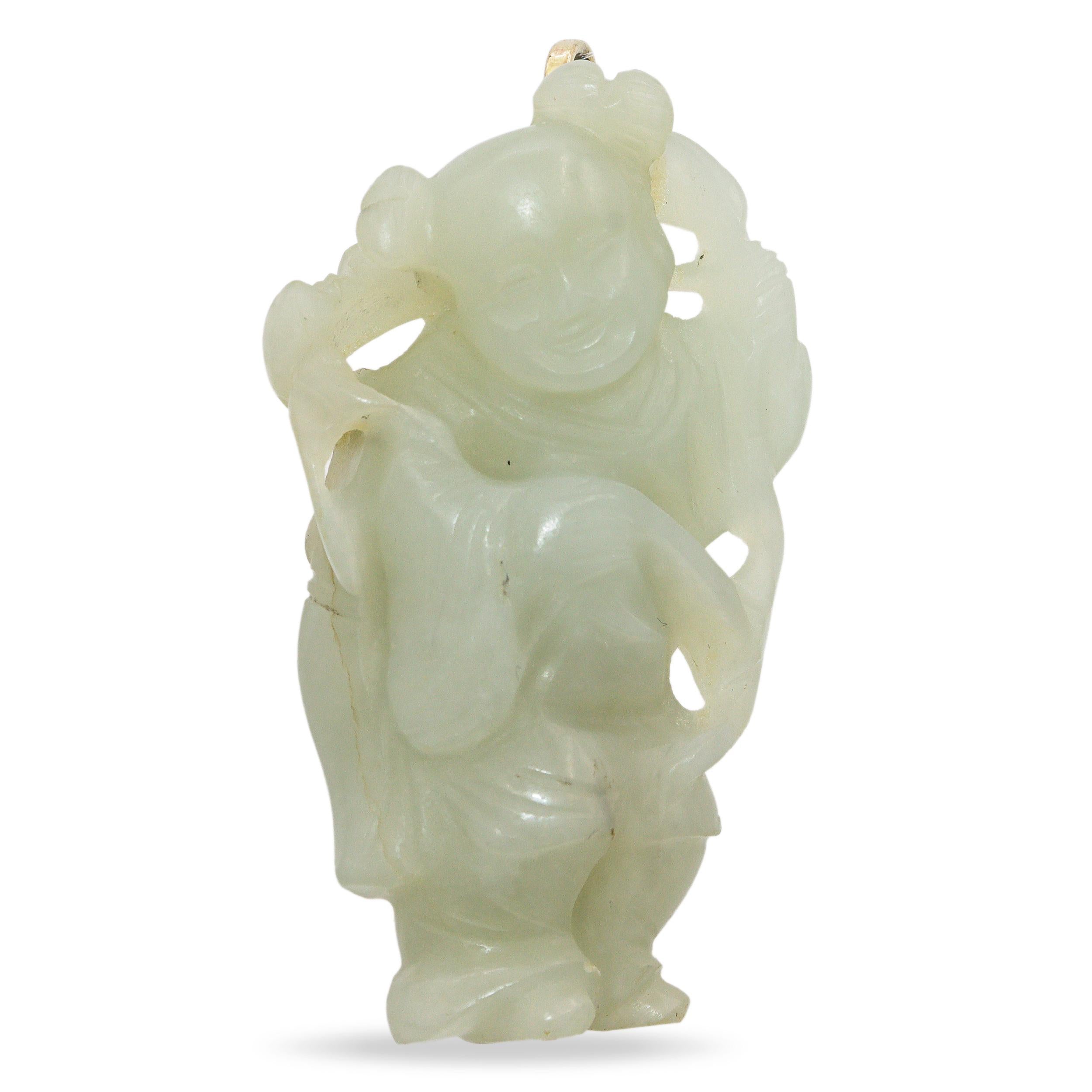 Vintage 14K Yellow Gold Hand Carved Jade Boy Pendant