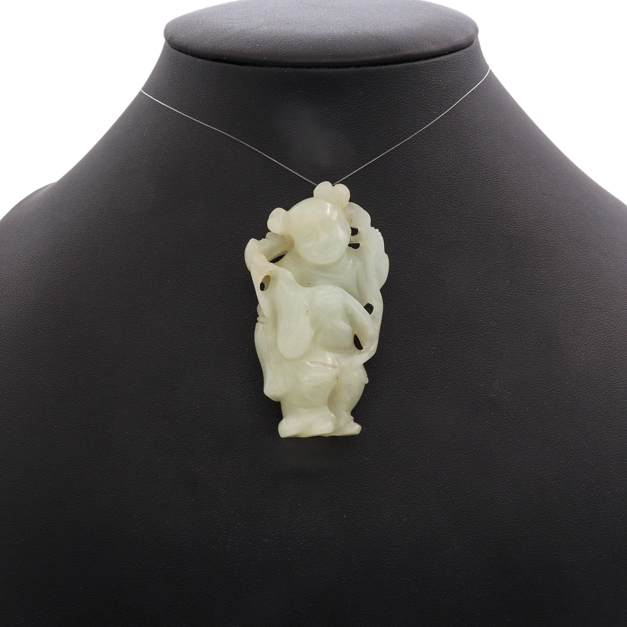 Vintage 14K Yellow Gold Hand Carved Jade Boy Pendant