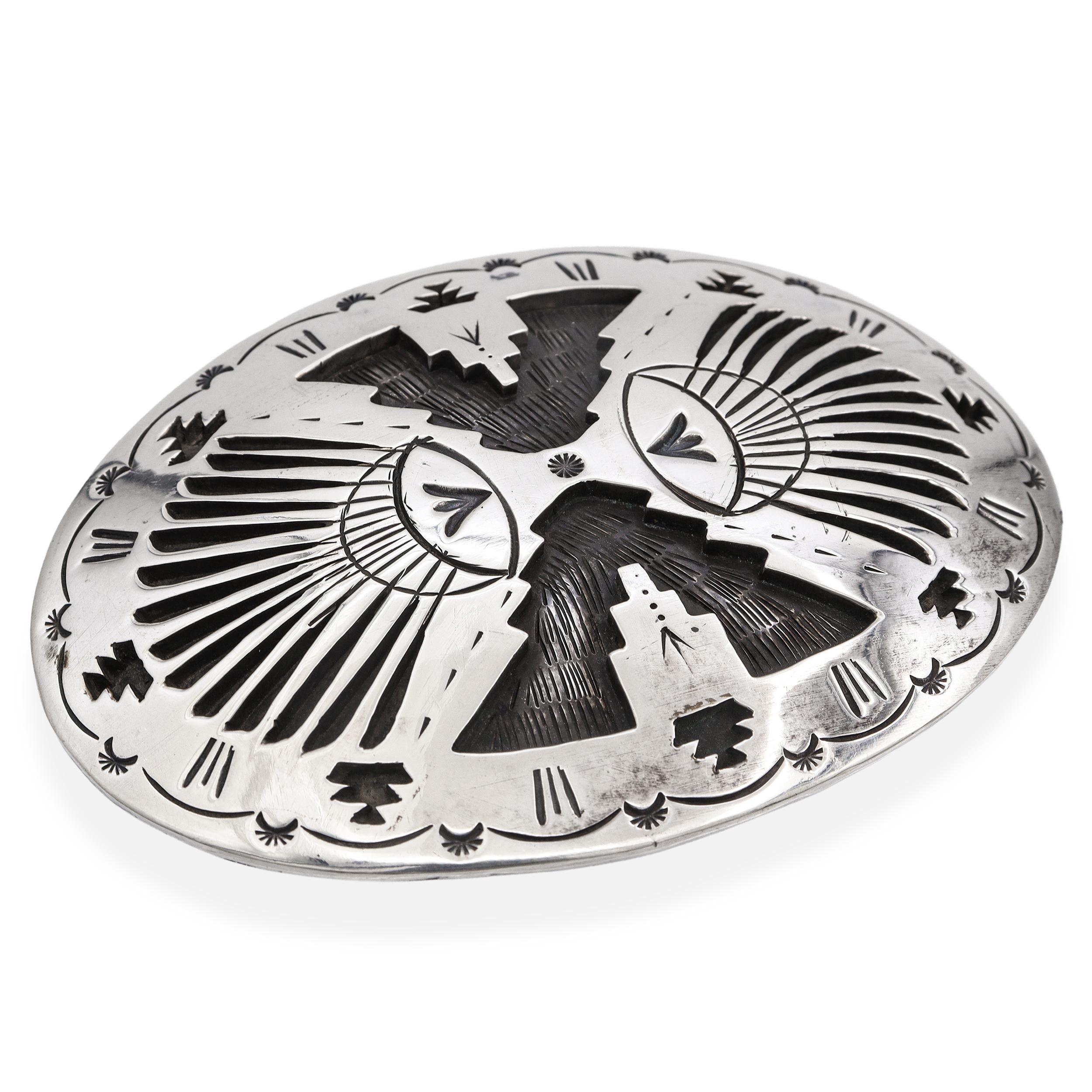 Vintage Navajo Native American Sterling Silver Stamped Oval Belt Buckle