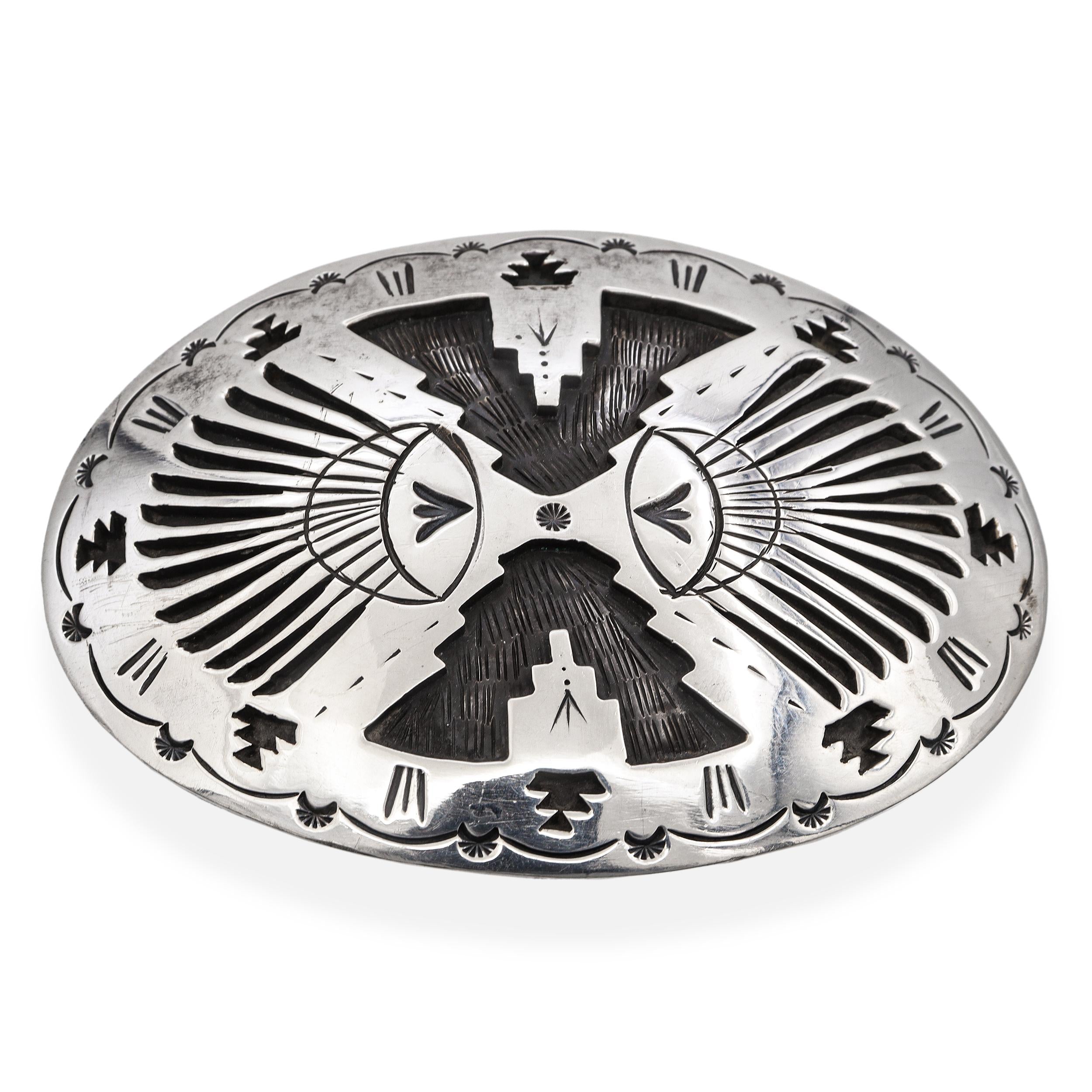 Vintage Navajo Native American Sterling Silver Stamped Oval Belt Buckle