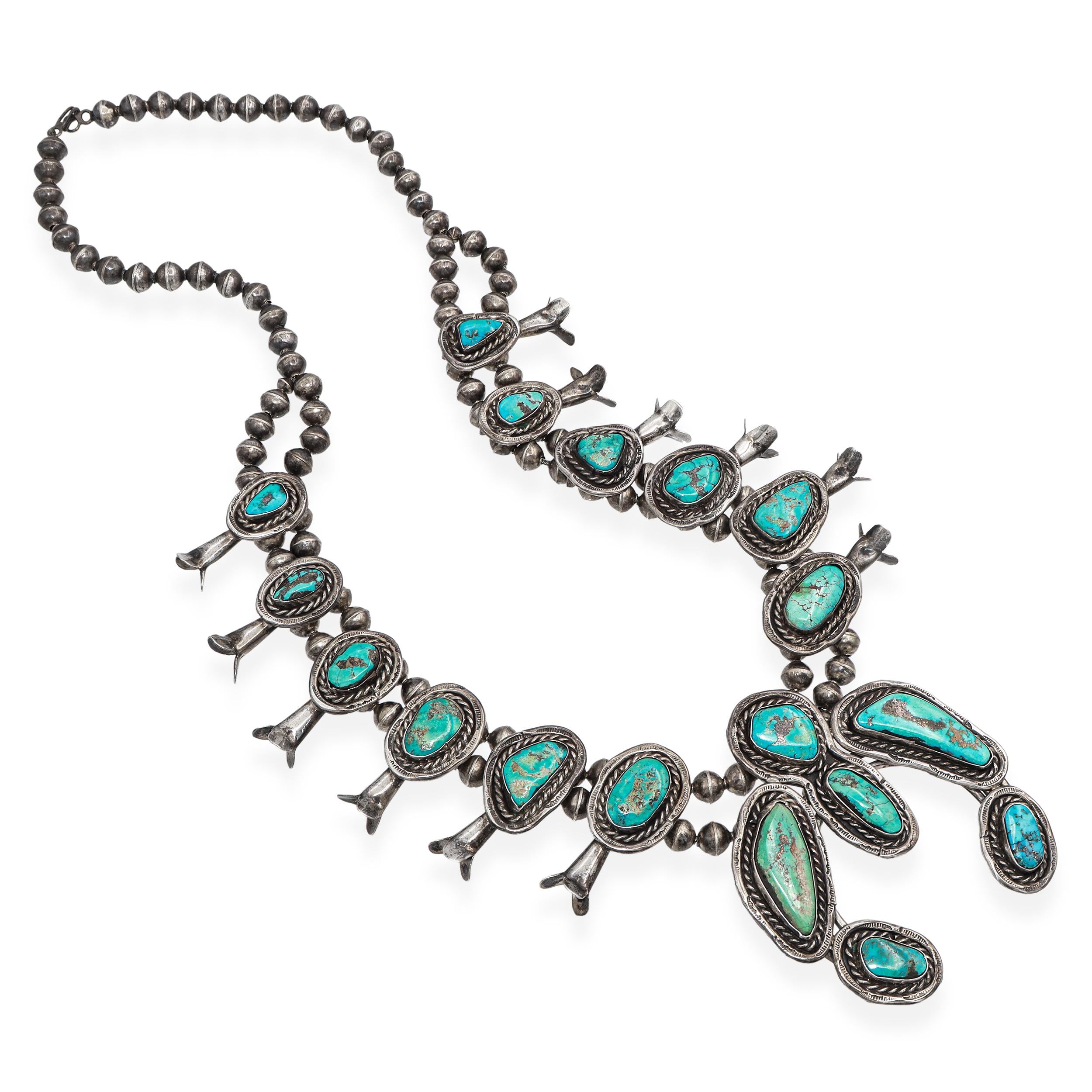 Vintage Sterling Silver Turquoise Squash Blossom Necklace