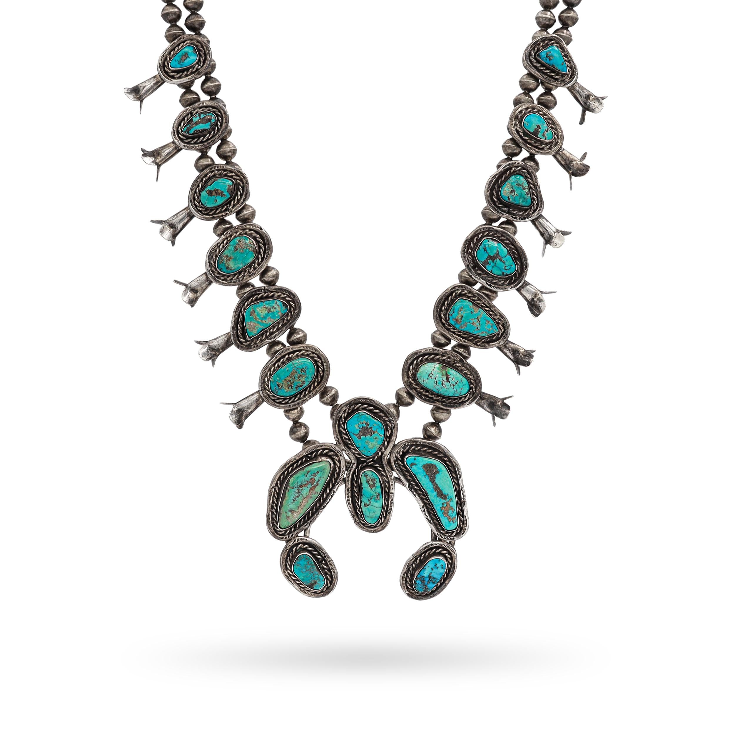 Vintage Sterling Silver Turquoise Squash Blossom Necklace