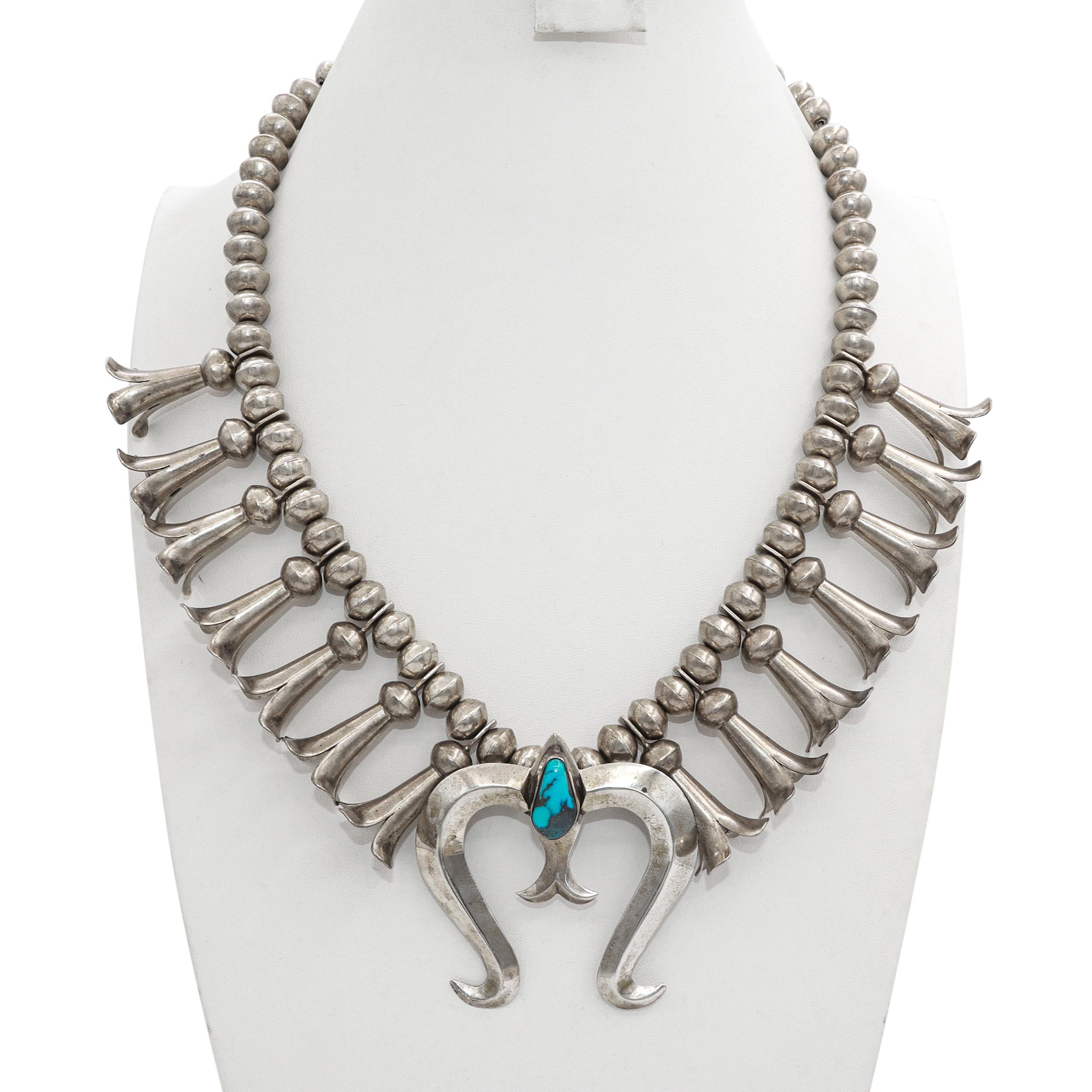 Vintage Sterling Silver Turquoise Squash Blossom Necklace with Naja Pendant