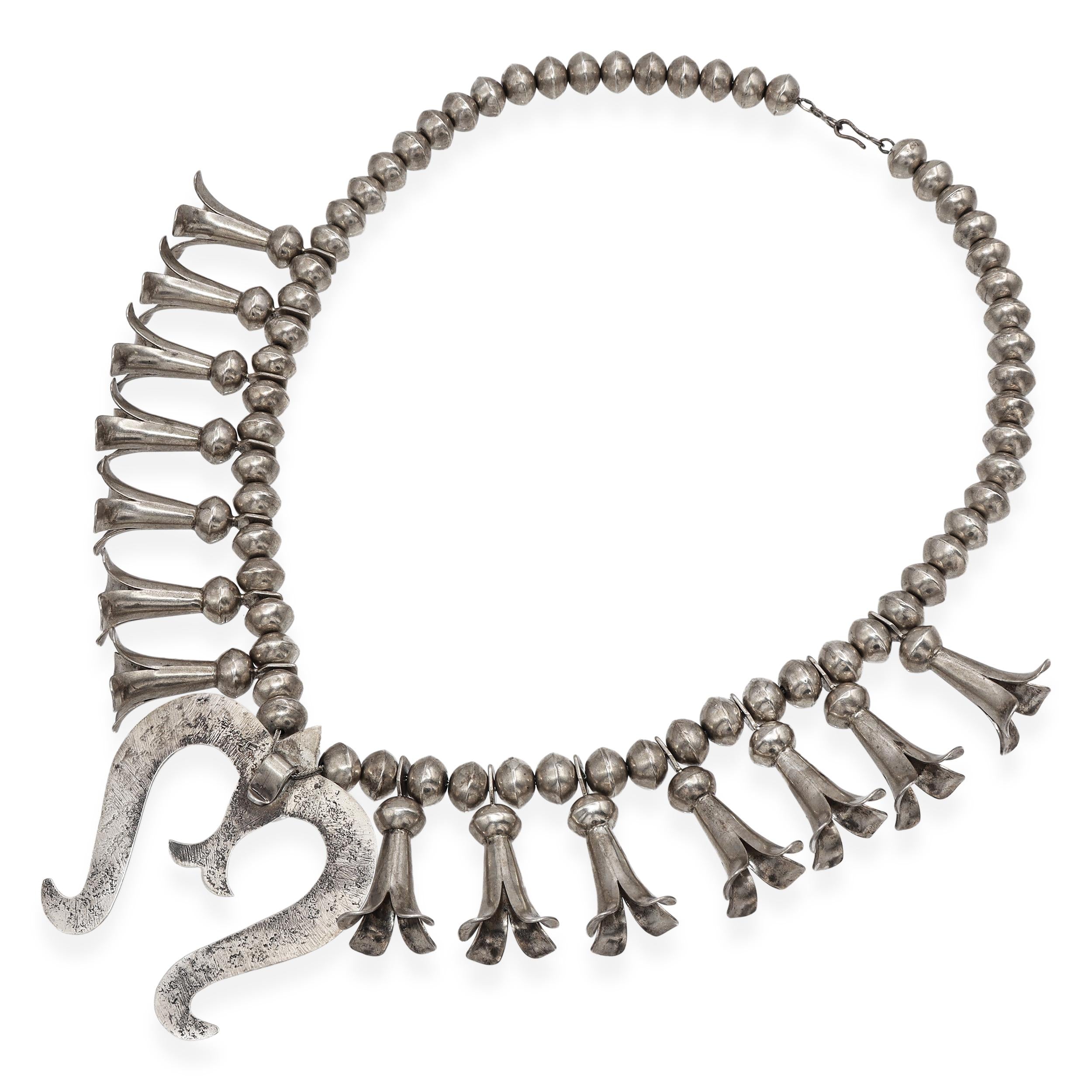 Vintage Sterling Silver Turquoise Squash Blossom Necklace with Naja Pendant