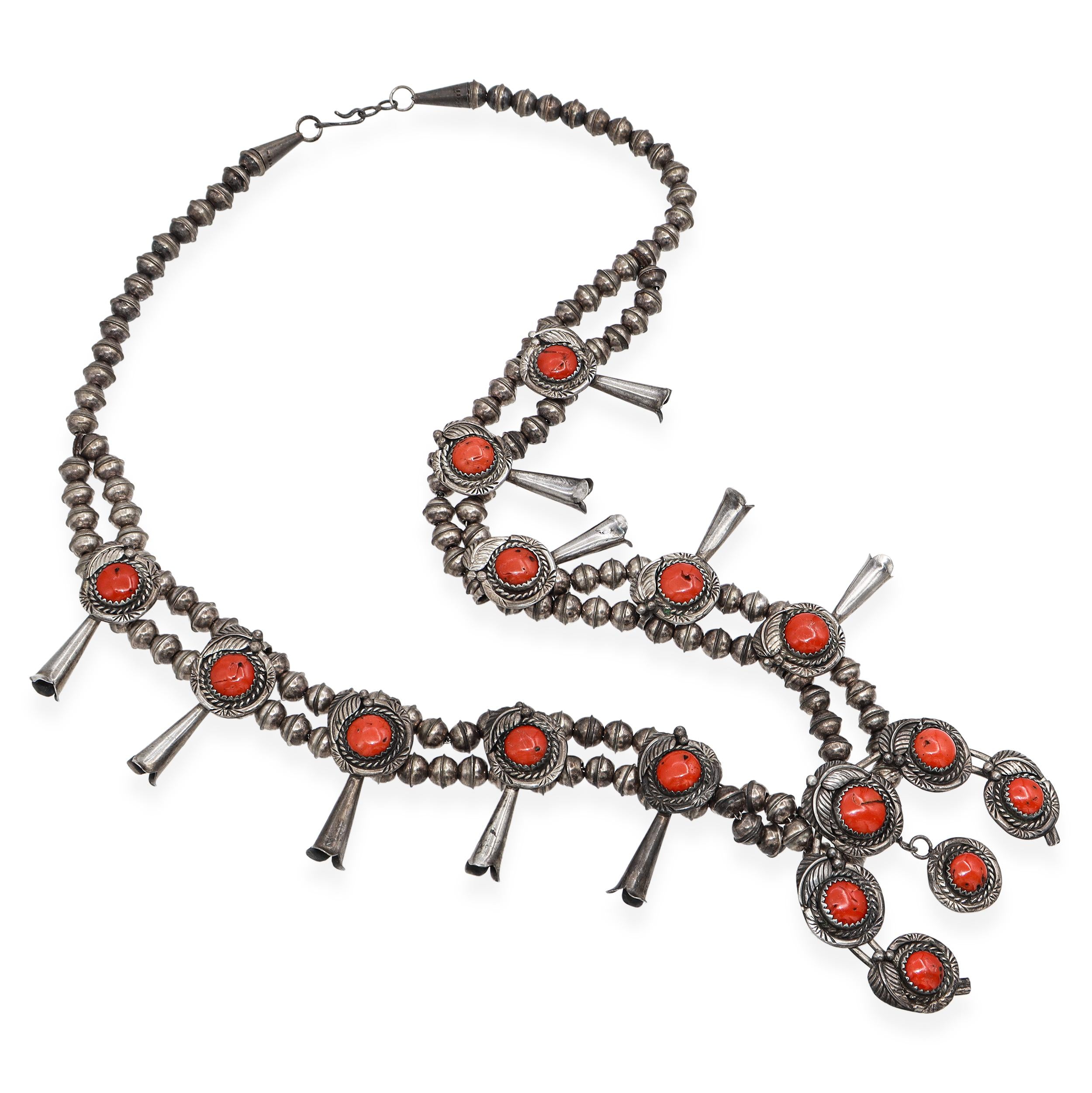 Vintage Sterling Silver Red Coral Squash Blossom Necklace