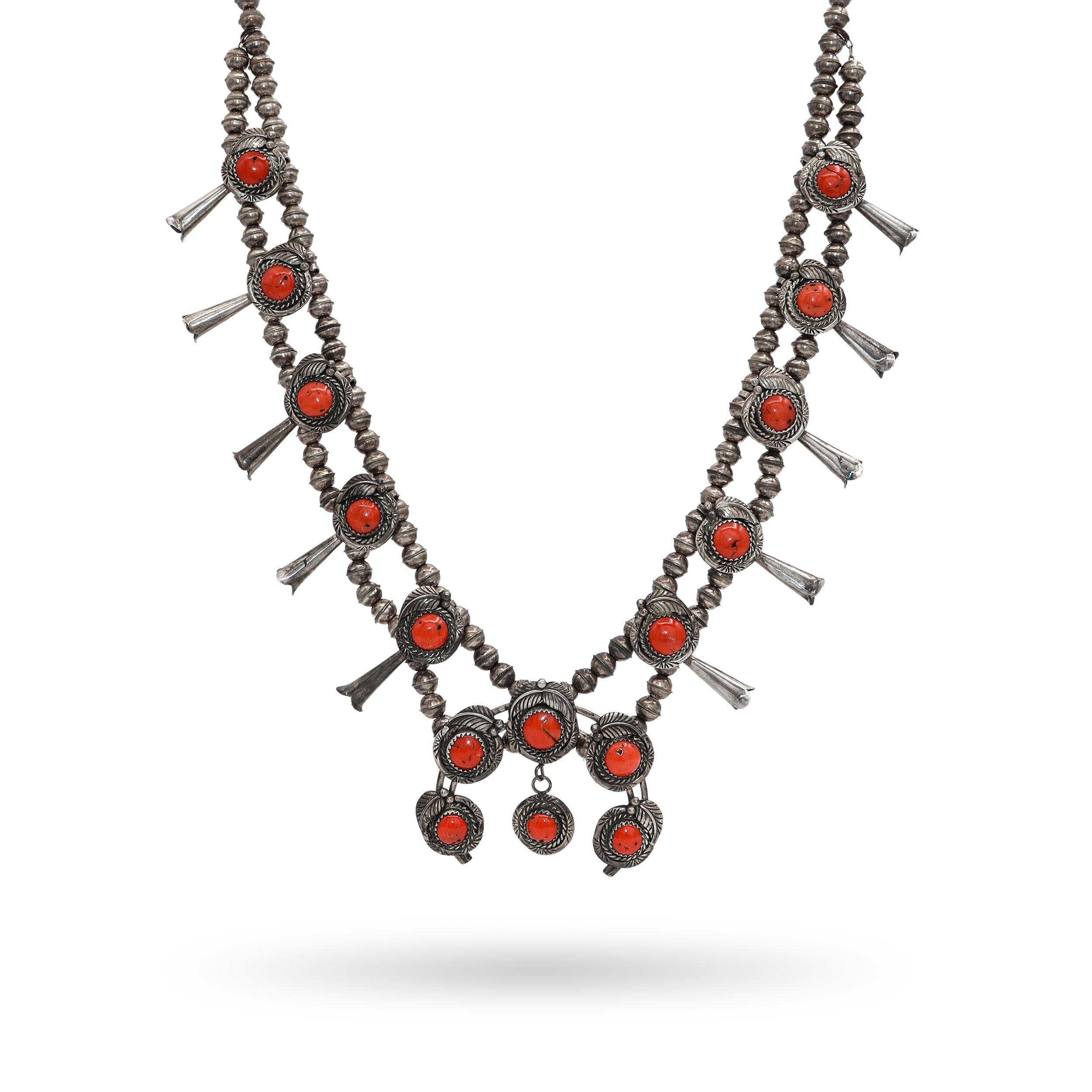 Vintage Sterling Silver Red Coral Squash Blossom Necklace