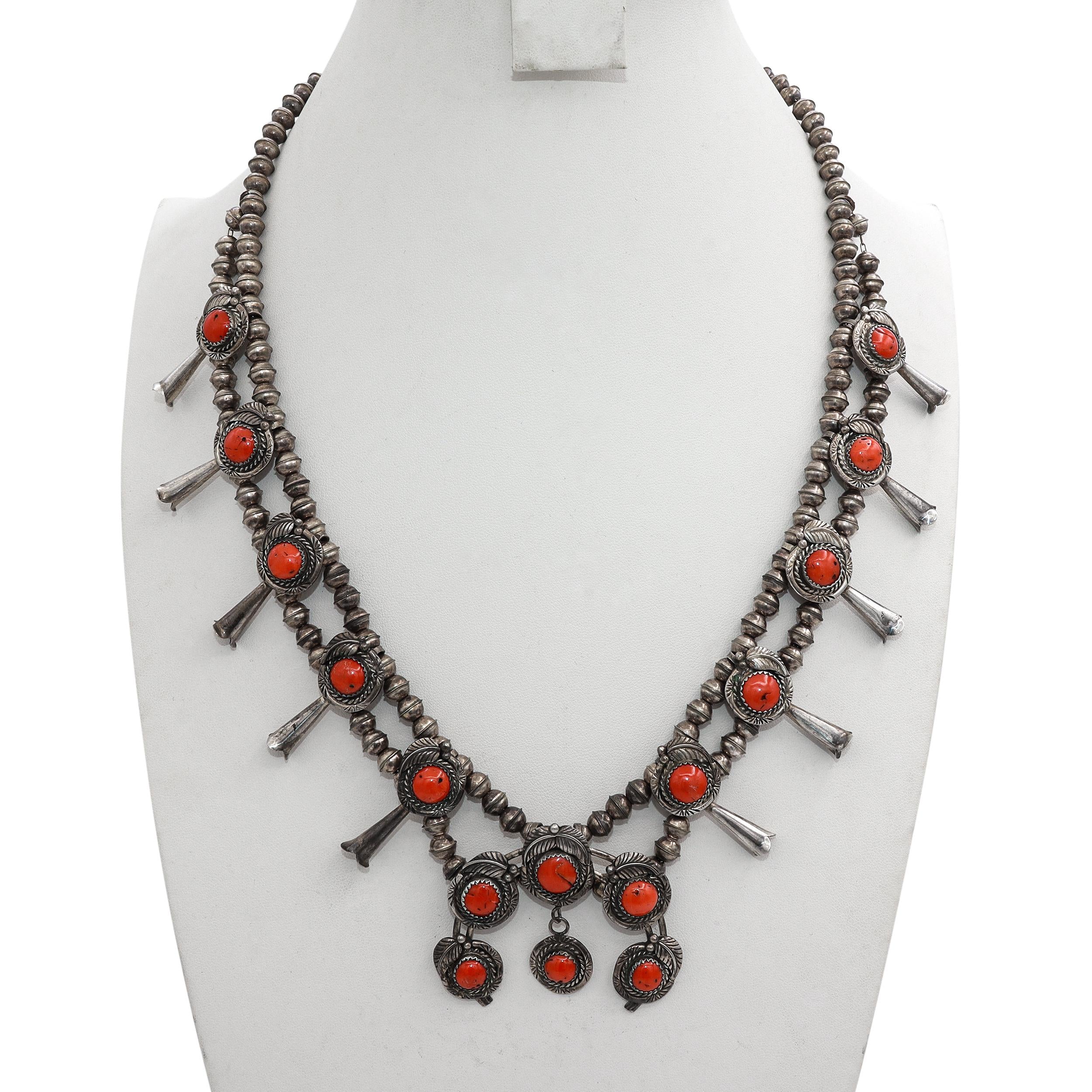 Vintage Sterling Silver Red Coral Squash Blossom Necklace