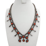 Vintage Sterling Silver Red Coral Squash Blossom Necklace