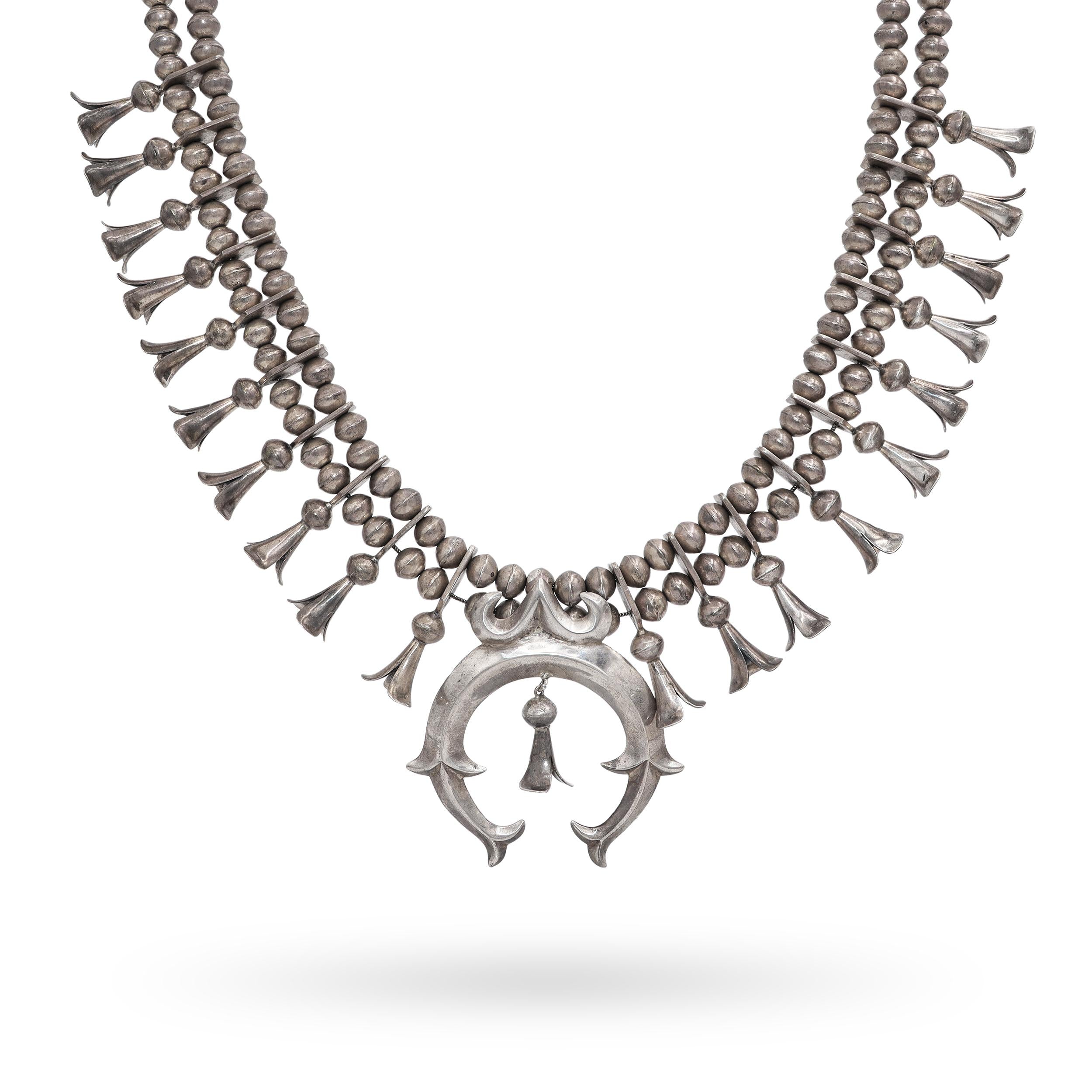 Vintage Sterling Silver Squash Blossom Necklace with Naja Pendant