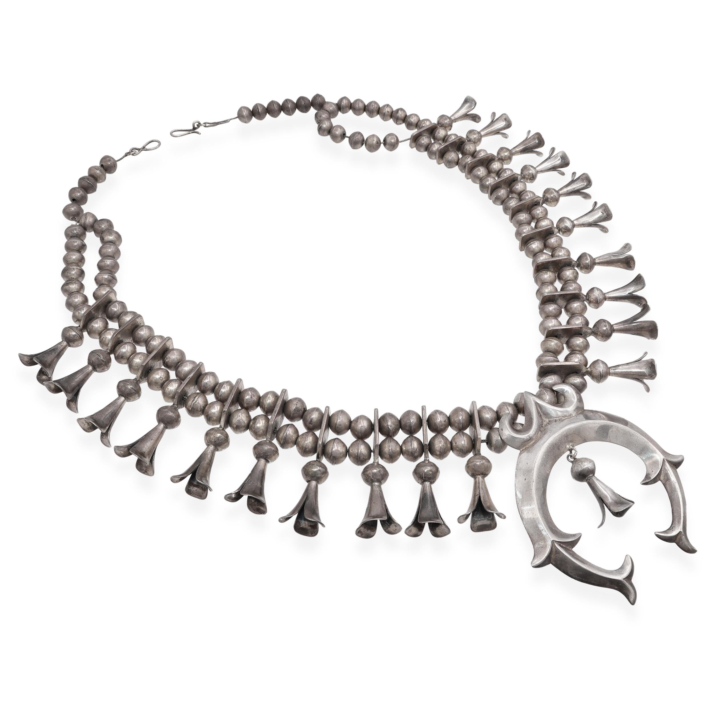 Vintage Sterling Silver Squash Blossom Necklace with Naja Pendant