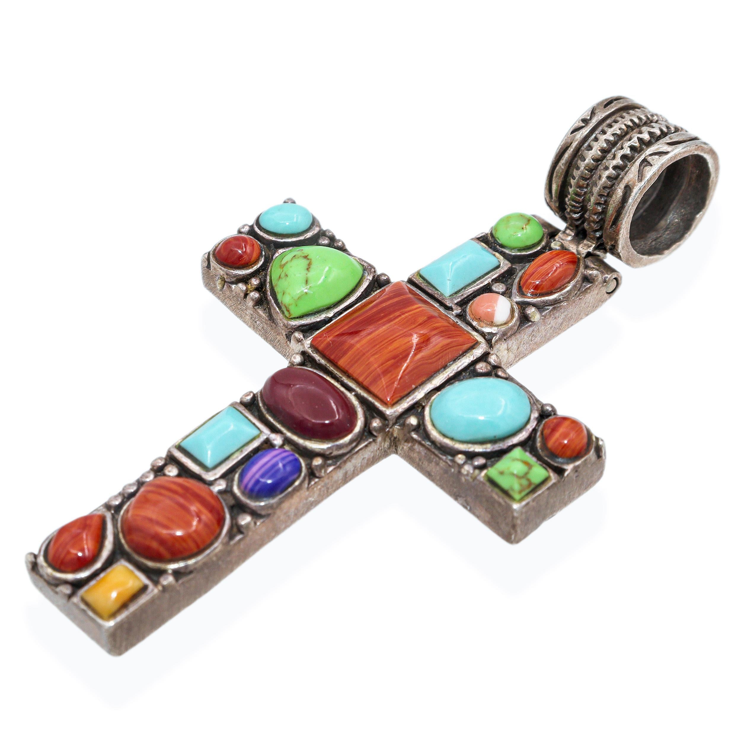 Vintage Southwestern Sterling Silver Multi-Gemstone Cross Pendant