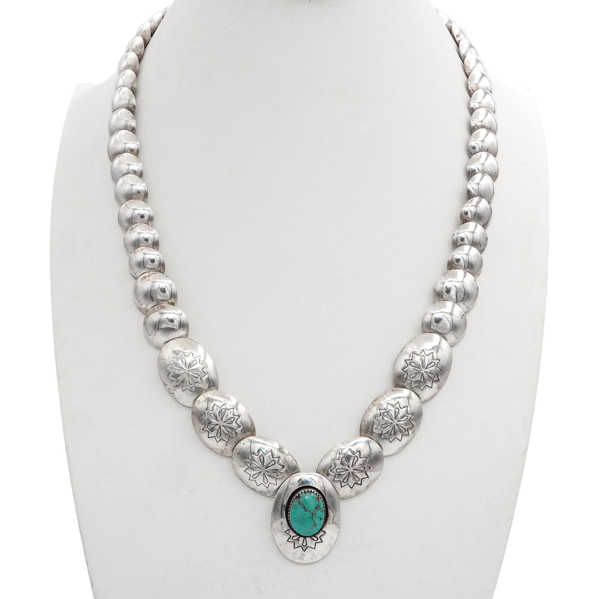 Vintage Southwestern Sterling Silver Turquoise Stamped Beaded Strand Necklace
