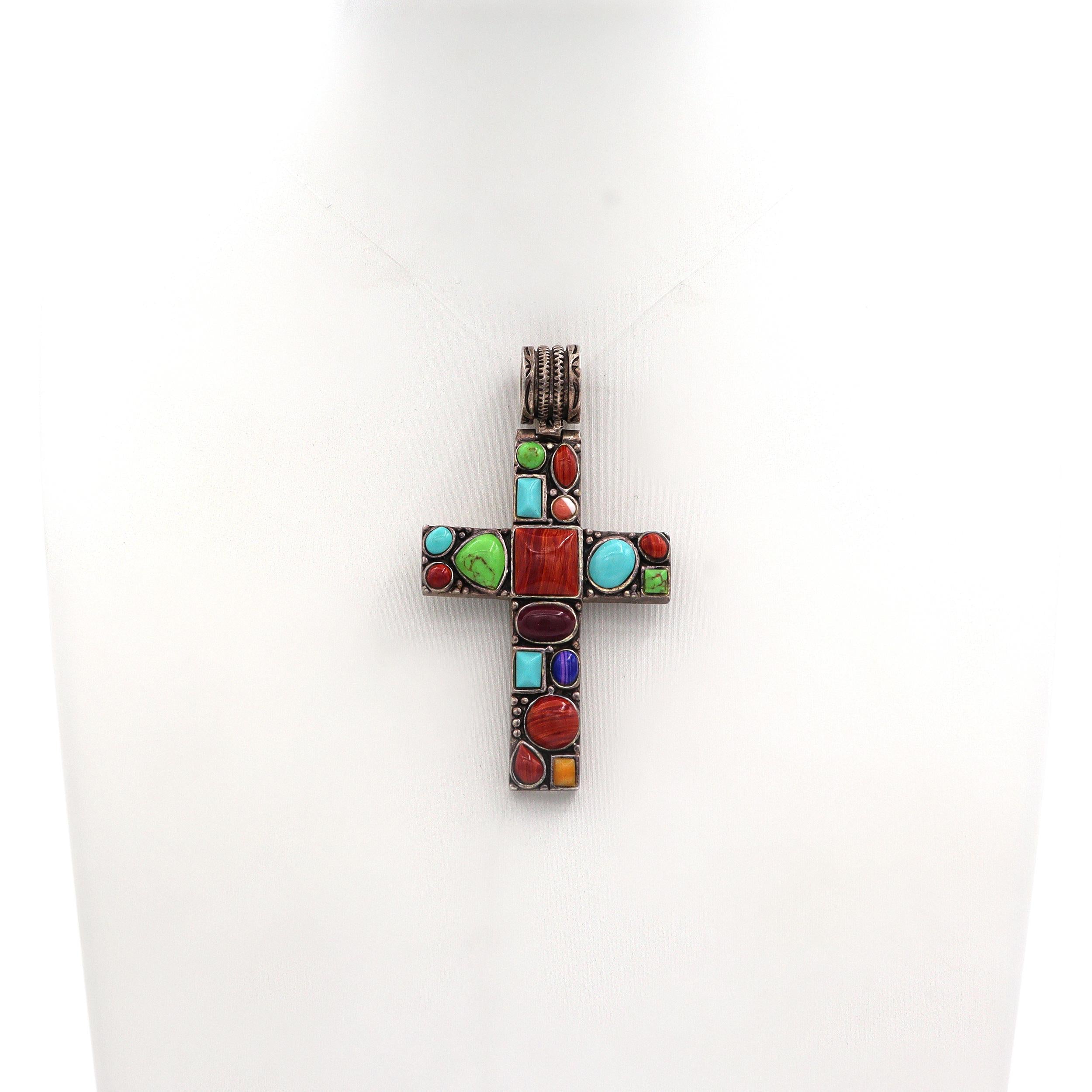 Vintage Southwestern Sterling Silver Multi-Gemstone Cross Pendant