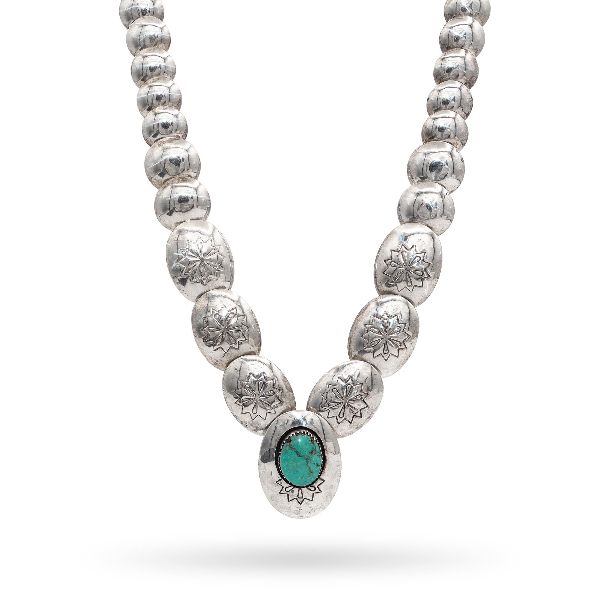 Vintage Southwestern Sterling Silver Turquoise Stamped Beaded Strand Necklace