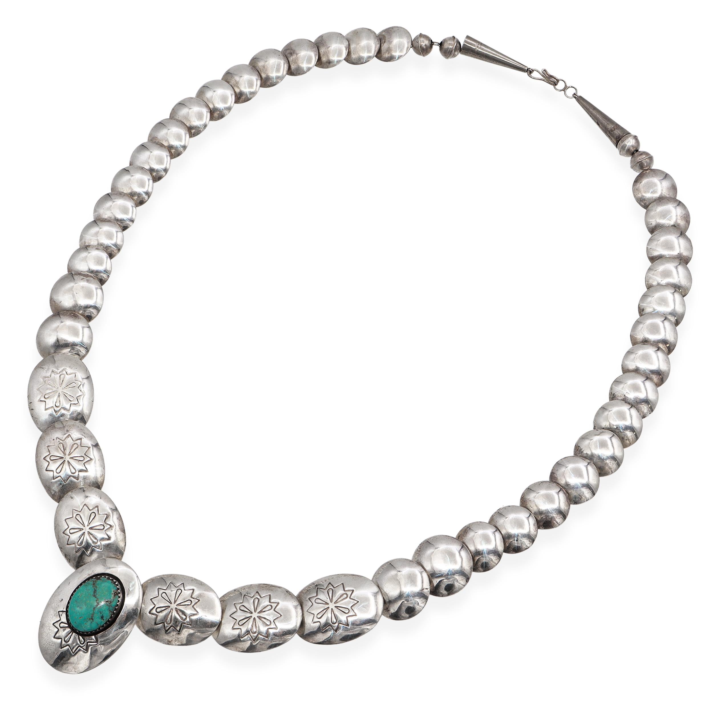 Vintage Southwestern Sterling Silver Turquoise Stamped Beaded Strand Necklace