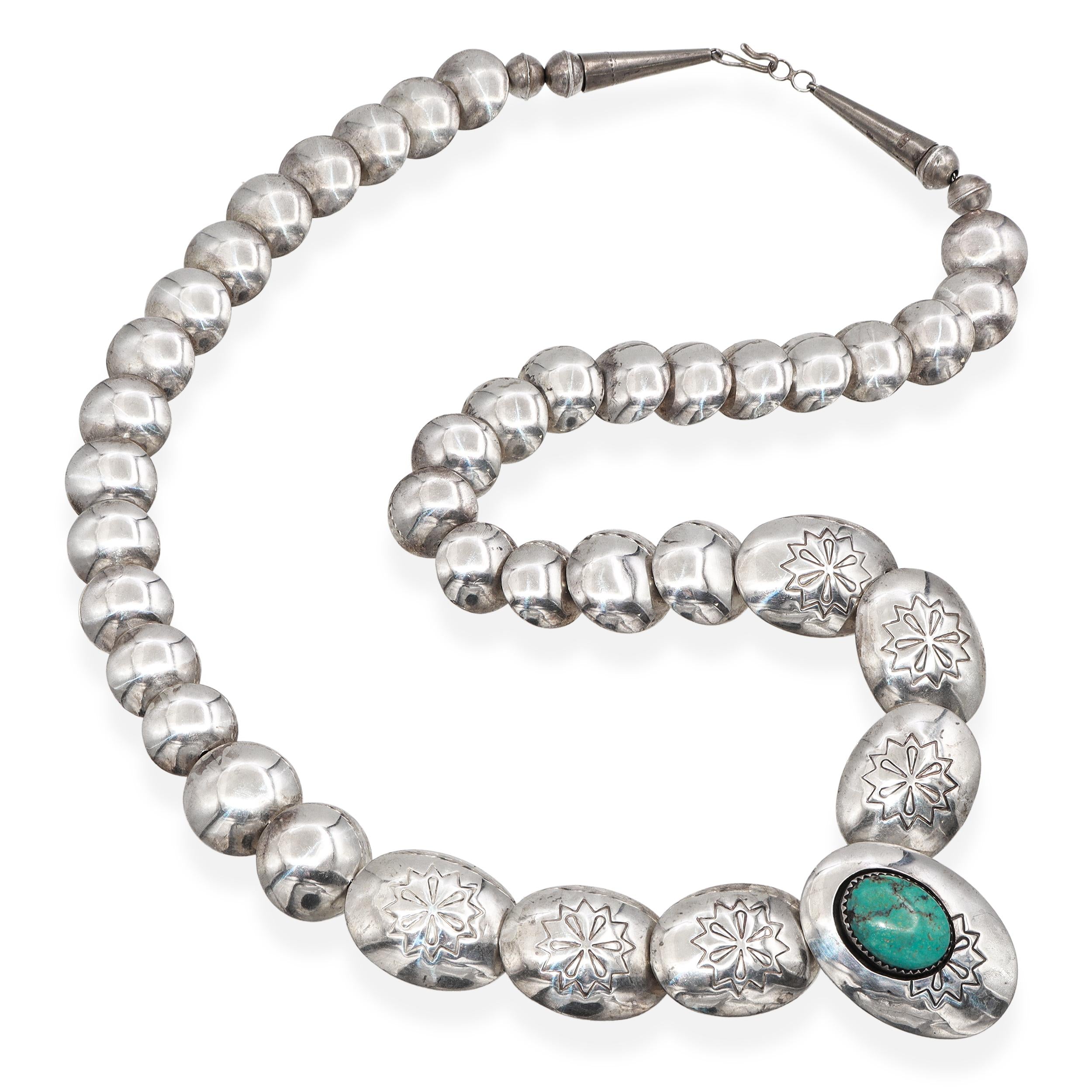 Vintage Southwestern Sterling Silver Turquoise Stamped Beaded Strand Necklace