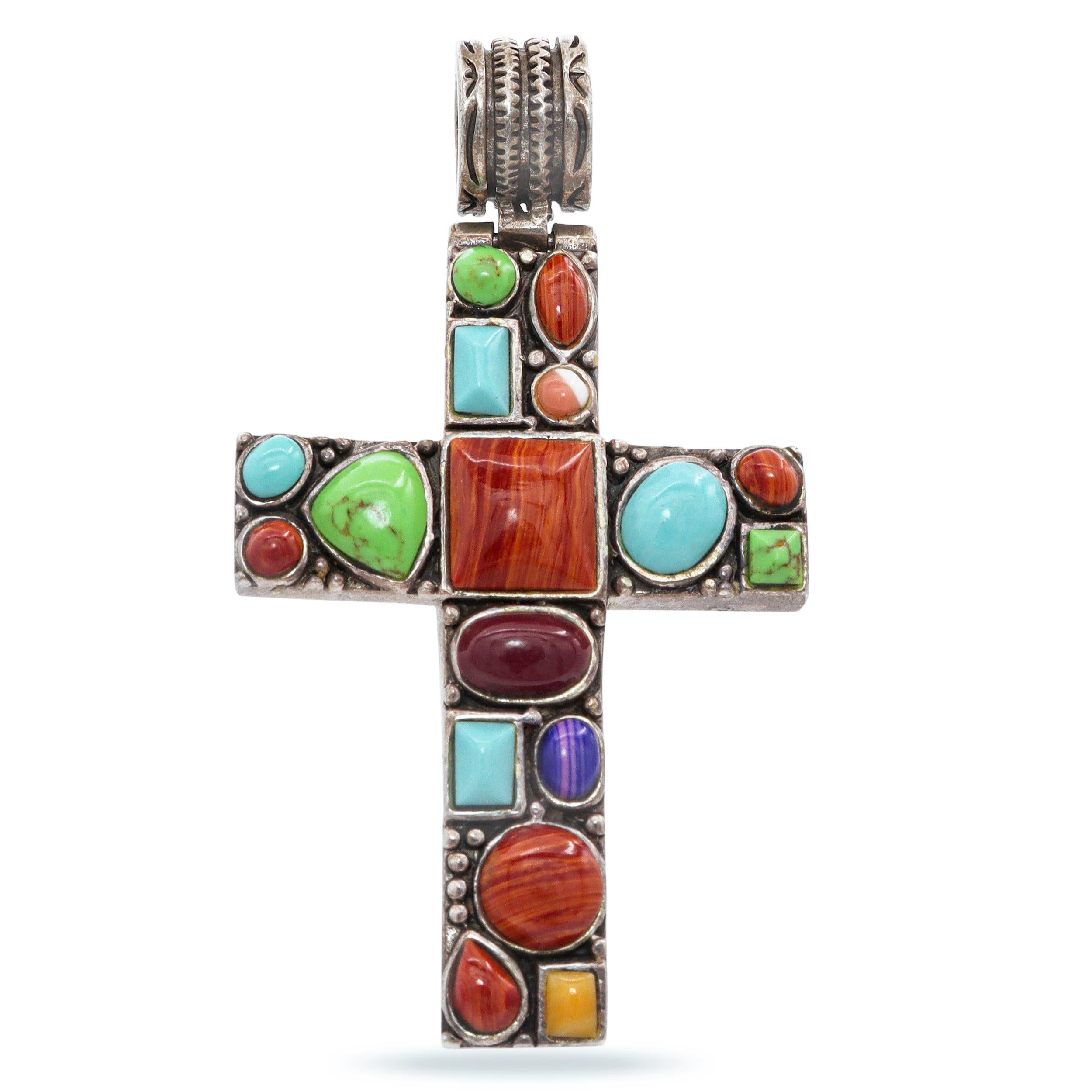 Vintage Southwestern Sterling Silver Multi-Gemstone Cross Pendant