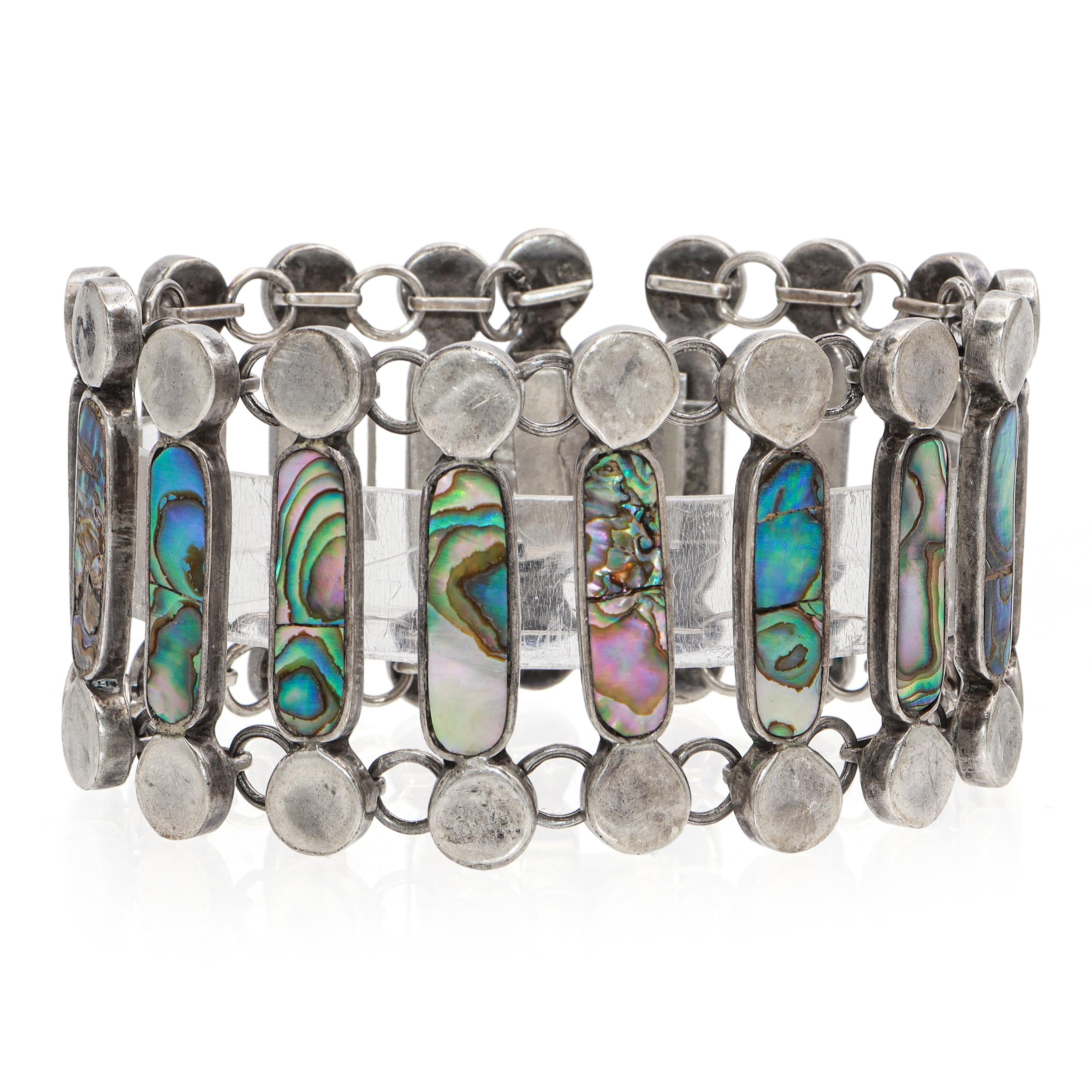 Vintage Mexican Sterling Silver Abalone Link Bracelet