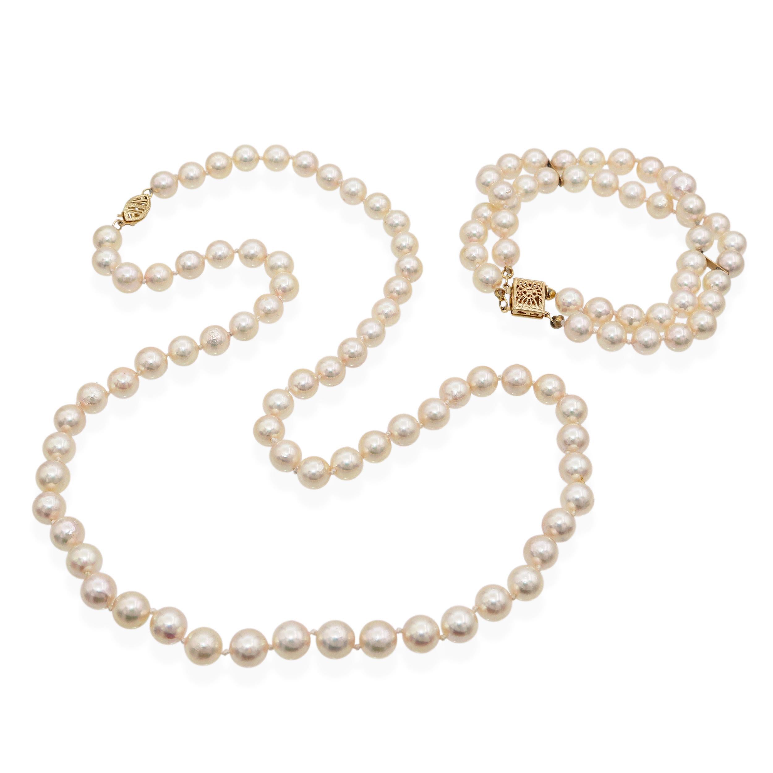 Vintage 14k Yellow Gold Pearl Beaded Strand Necklace & Bracelet Set