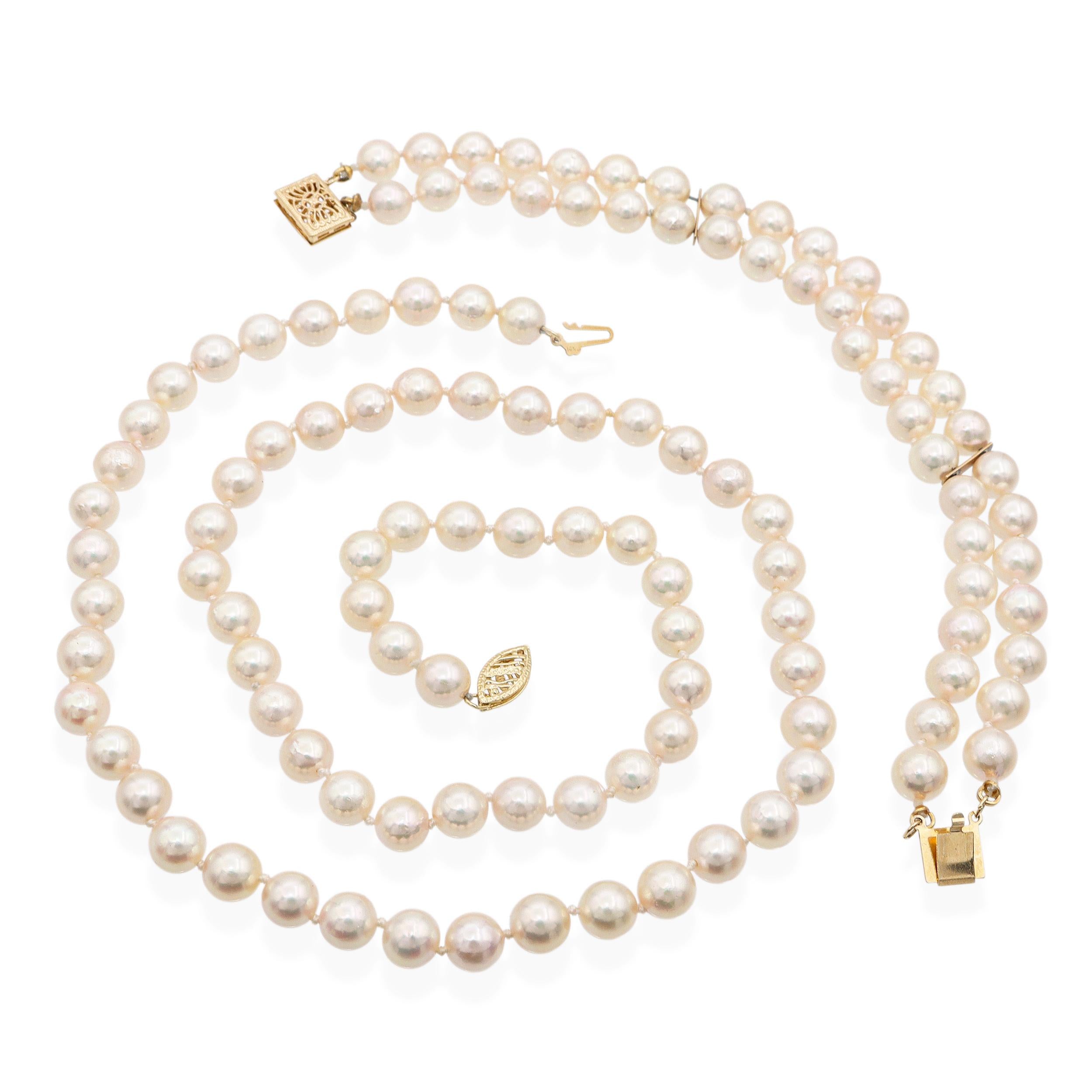 Vintage 14k Yellow Gold Pearl Beaded Strand Necklace & Bracelet Set