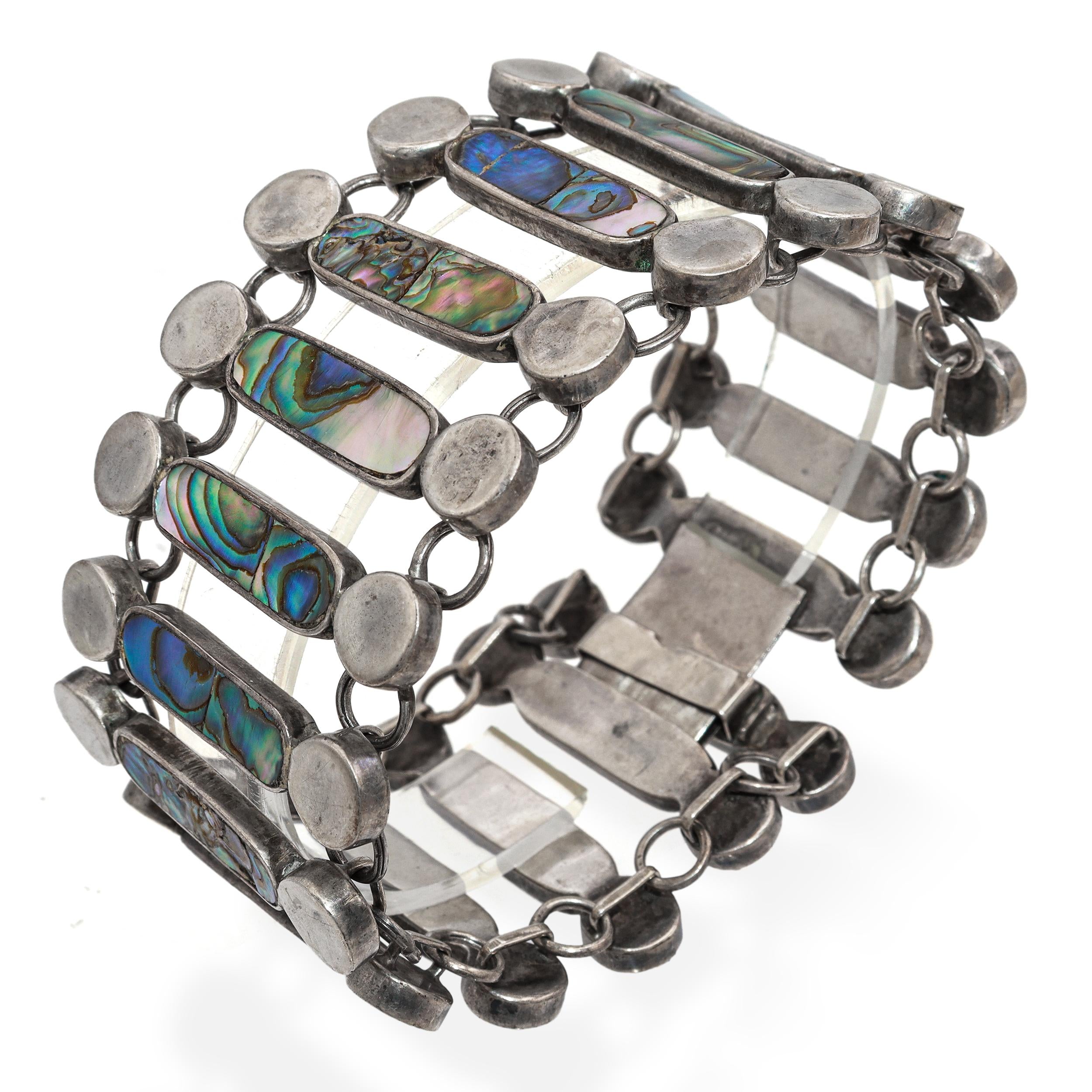 Vintage Mexican Sterling Silver Abalone Link Bracelet