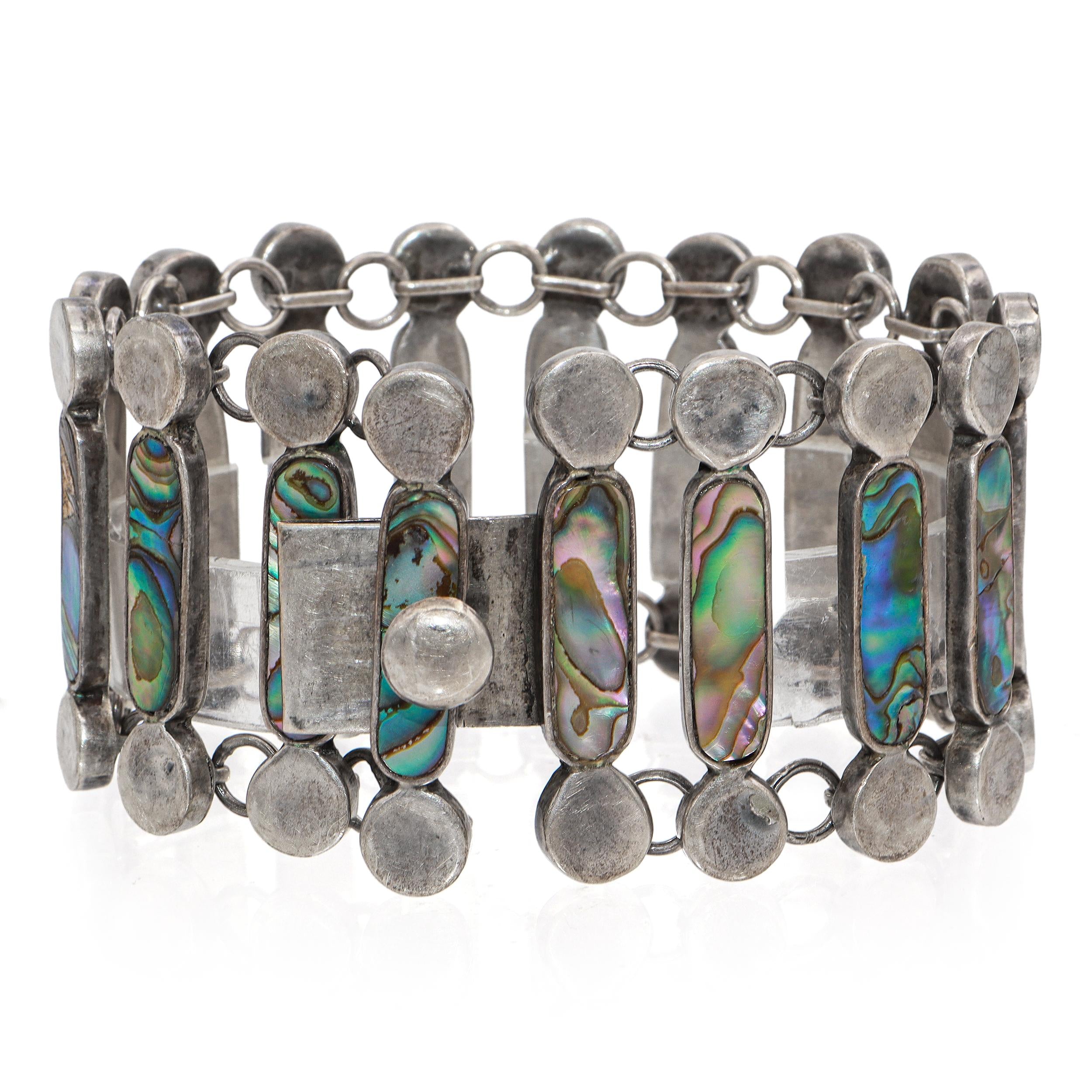 Vintage Mexican Sterling Silver Abalone Link Bracelet