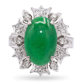 Vintage White Gold Metal Alloy Jade & Diamond Cluster Cocktail Ring