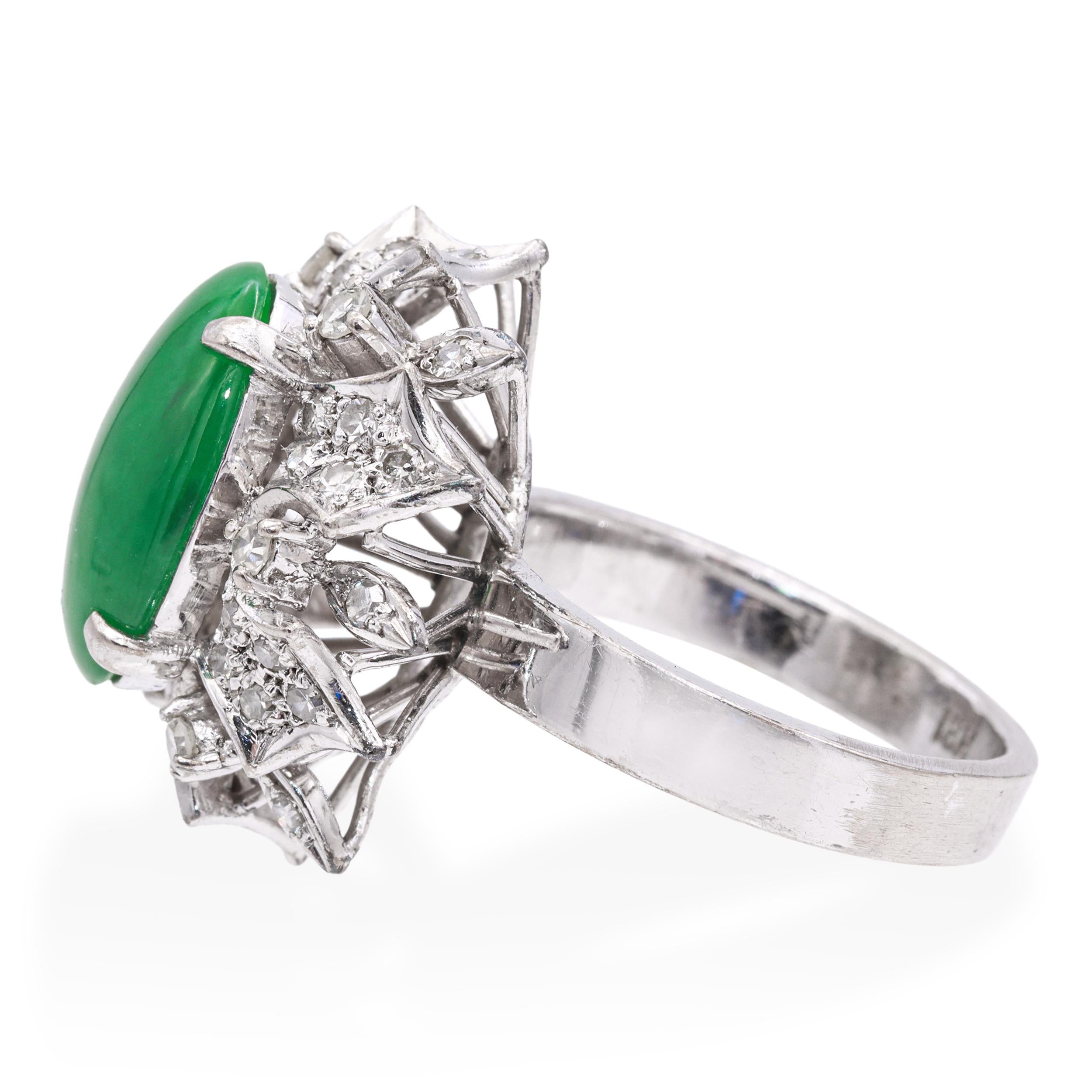 Vintage White Gold Metal Alloy Jade & Diamond Cluster Cocktail Ring