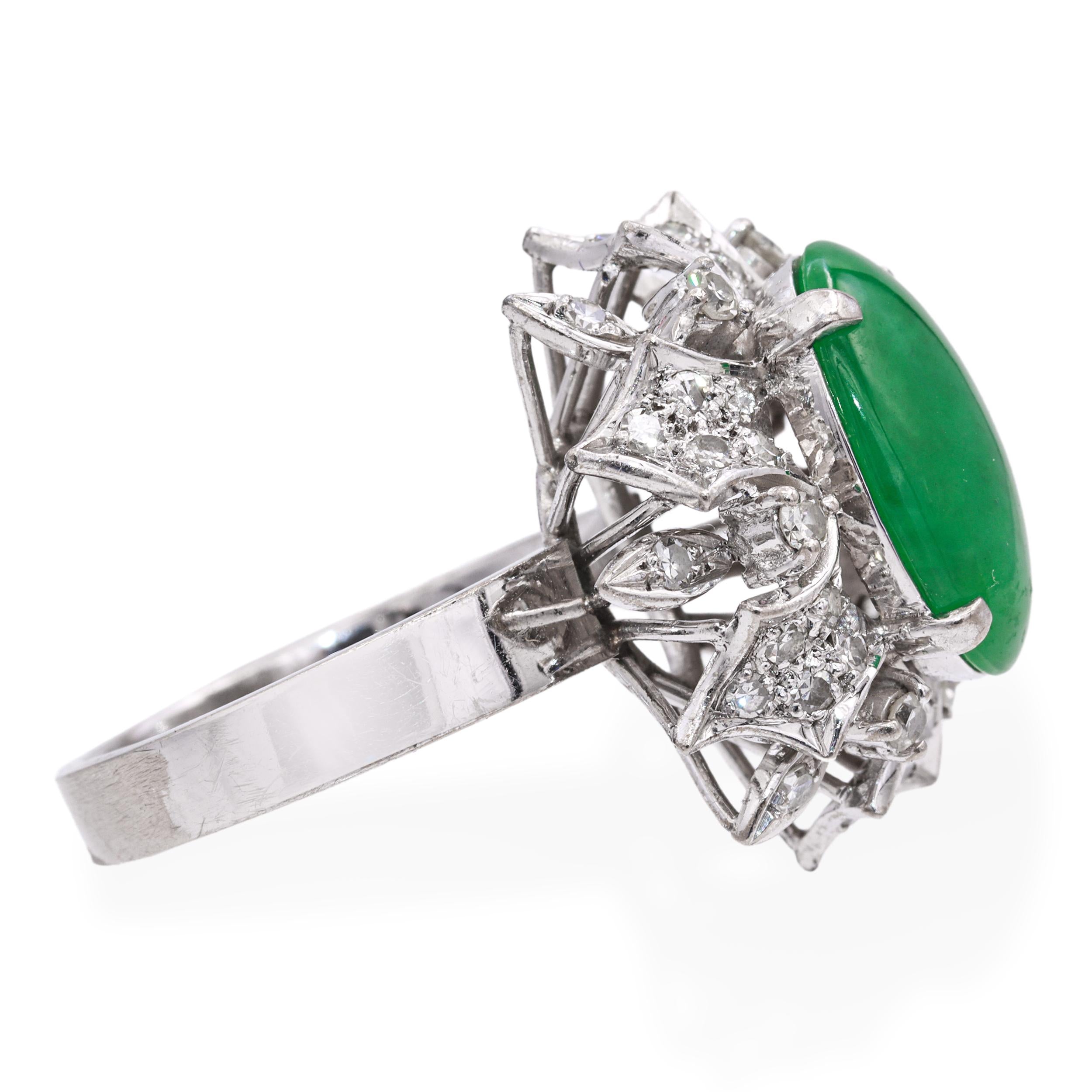 Vintage White Gold Metal Alloy Jade & Diamond Cluster Cocktail Ring