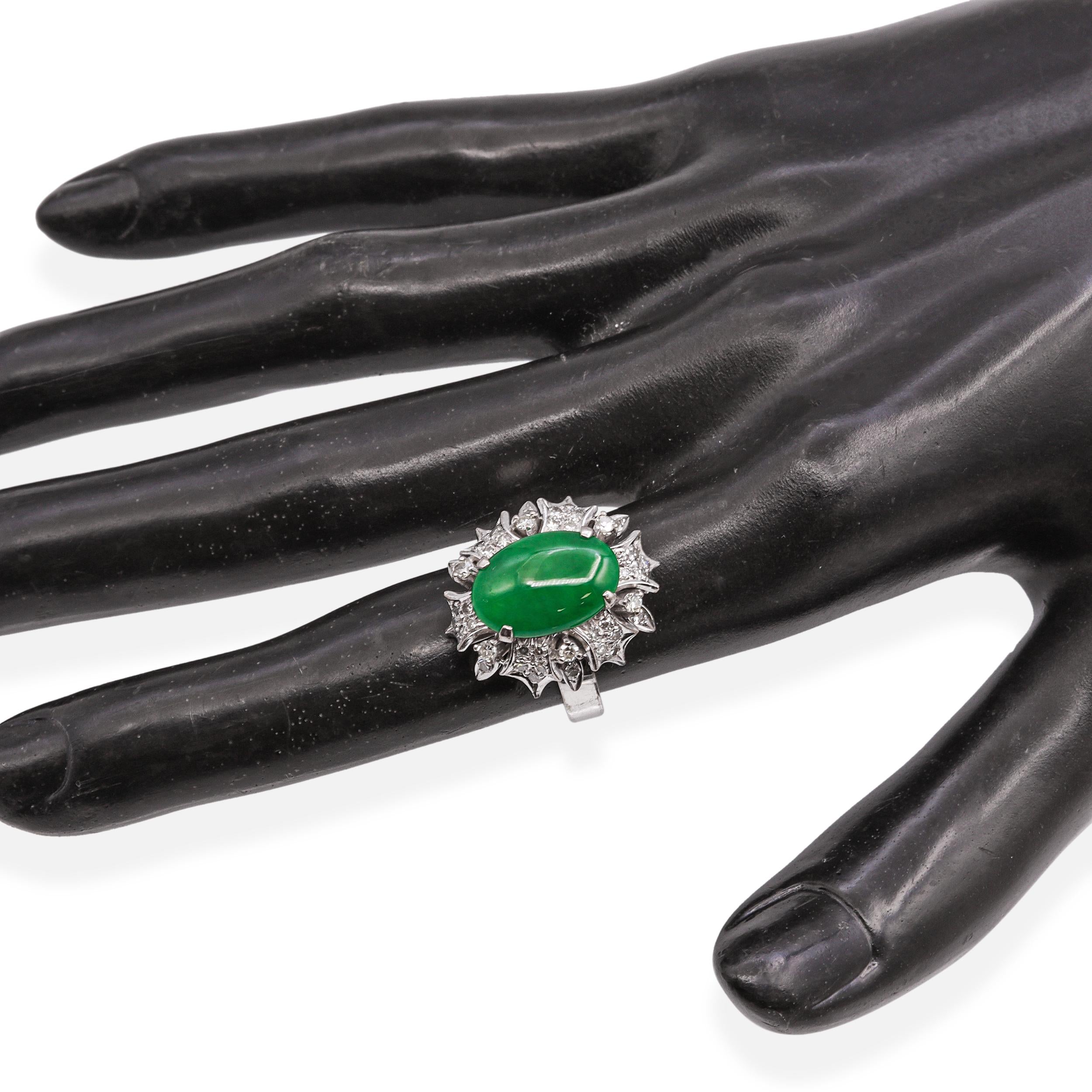 Vintage White Gold Metal Alloy Jade & Diamond Cluster Cocktail Ring
