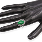 Vintage White Gold Metal Alloy Jade & Diamond Cluster Cocktail Ring