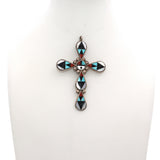 Vintage Zuni ZME NM Signed Sterling Silver Multi-Stone Inlay Cross Pendant