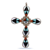 Vintage Zuni ZME NM Signed Sterling Silver Multi-Stone Inlay Cross Pendant