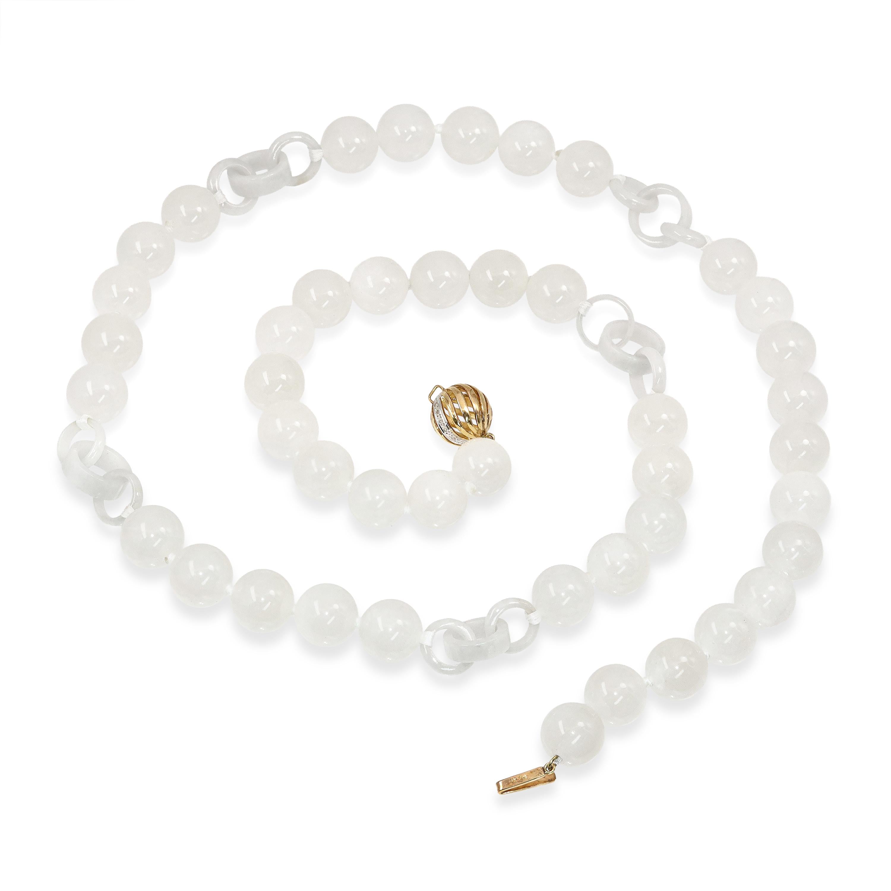 Vintage 14k Yellow Gold White Jade  and Diamond Necklace