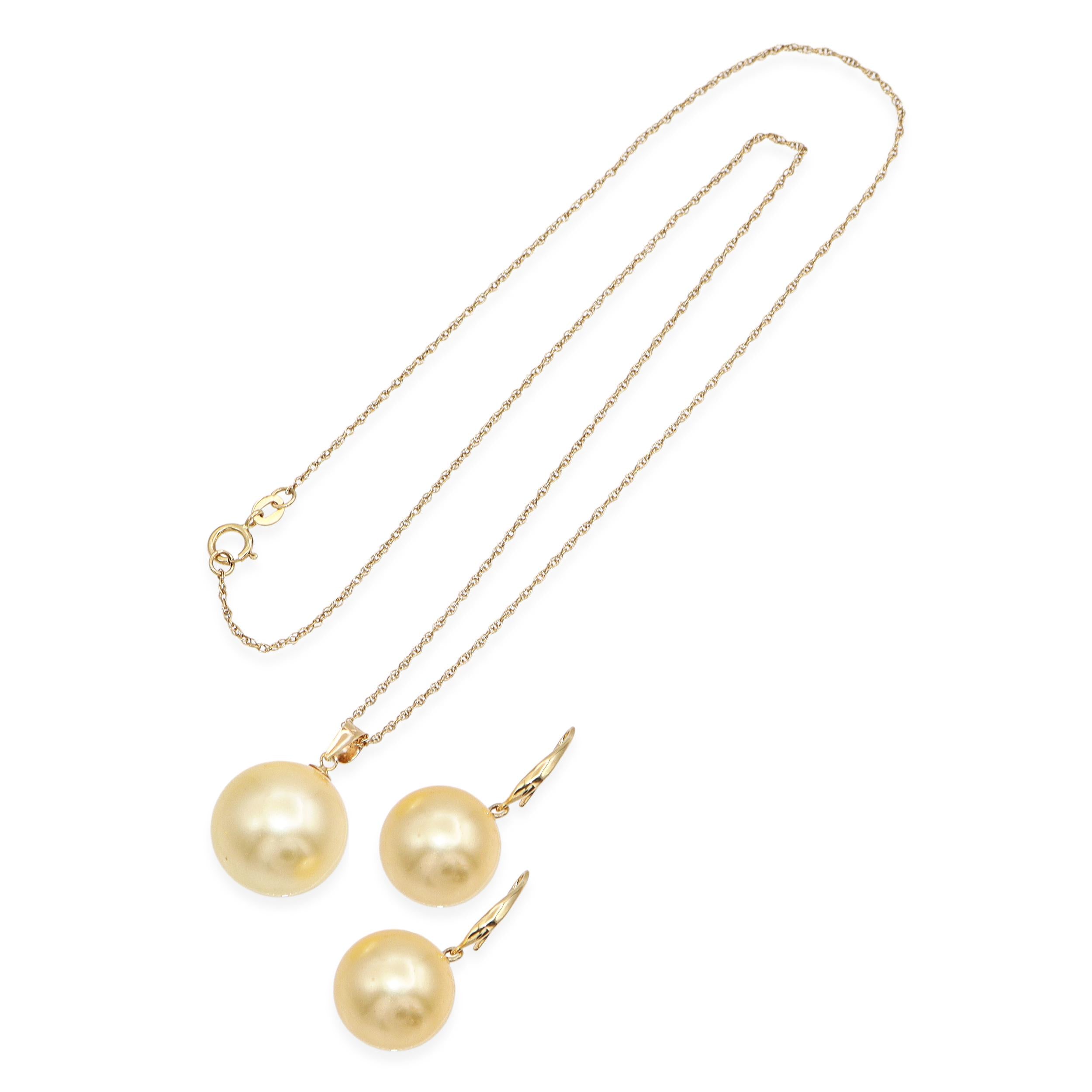 Vintage 14k Yellow Gold Golden Pearl Necklace & Drop Earring Set