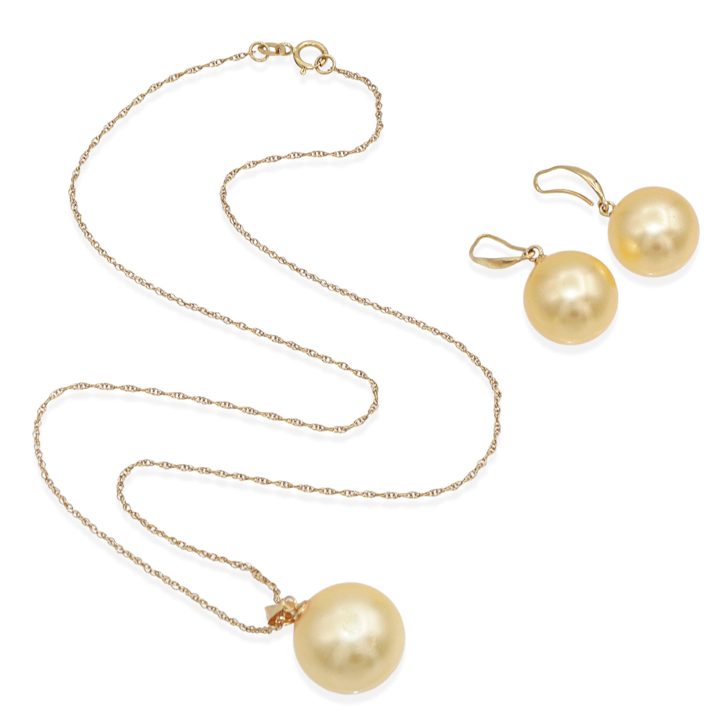 Vintage 14k Yellow Gold Golden Pearl Necklace & Drop Earring Set