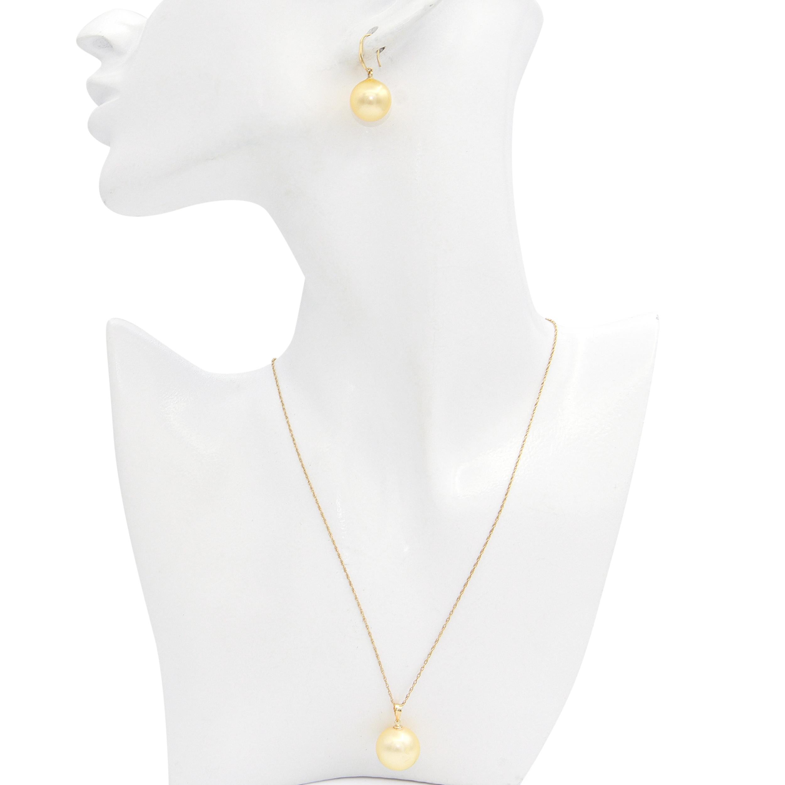 Vintage 14k Yellow Gold Golden Pearl Necklace & Drop Earring Set