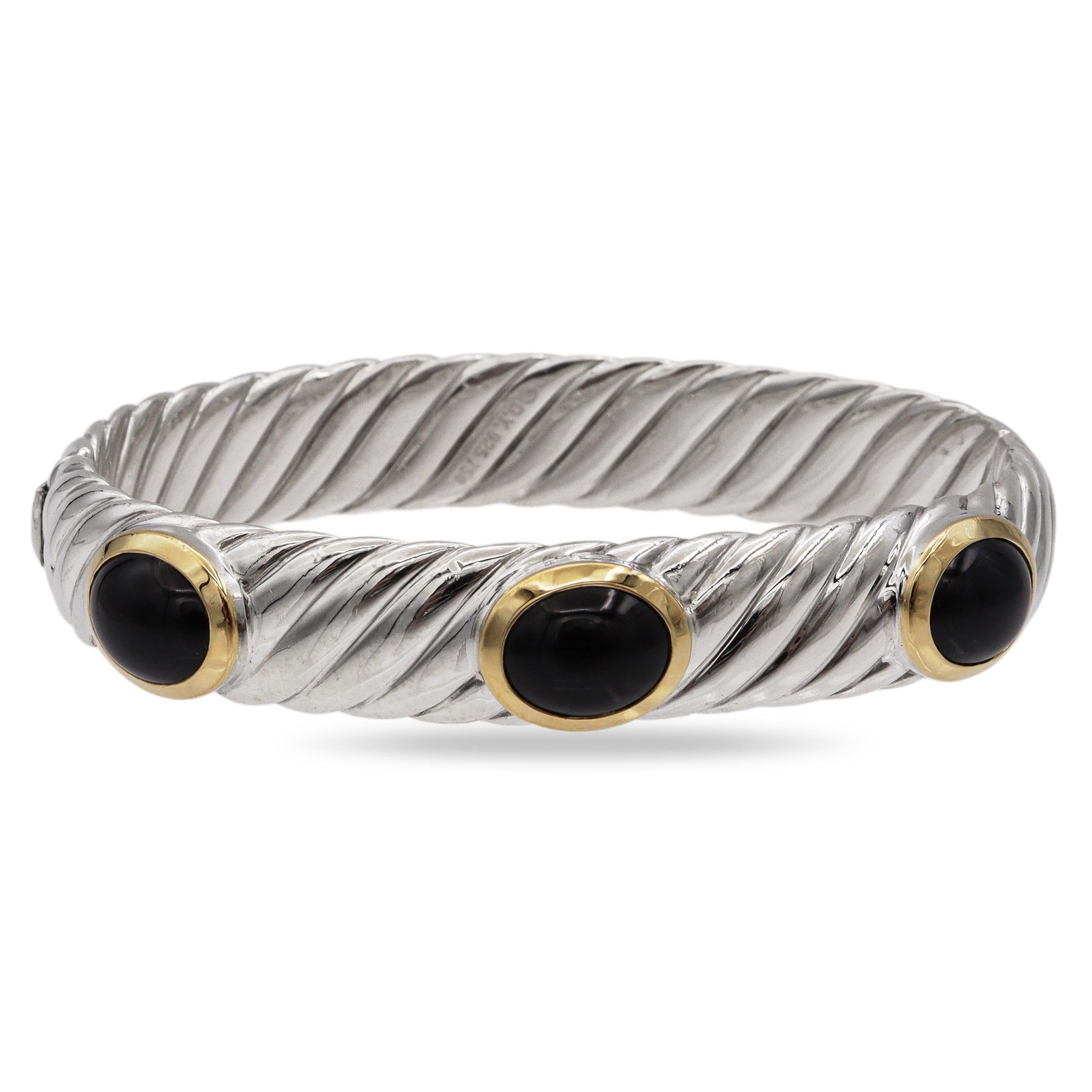 David Yurman Sterling Silver & 18K Yellow Gold Black Onyx Cable Bangle Bracelet